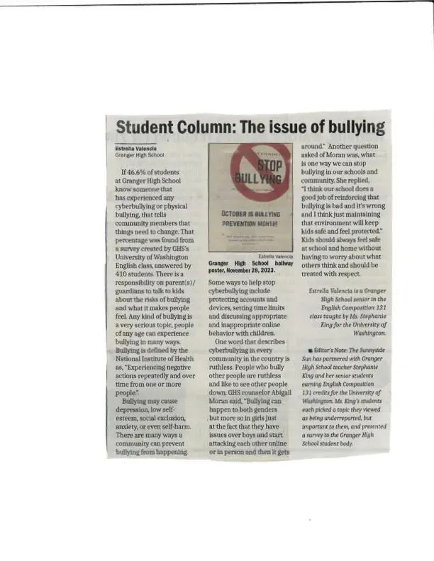 Photo of a student article in the SunnySide Sun about bullying in their community
