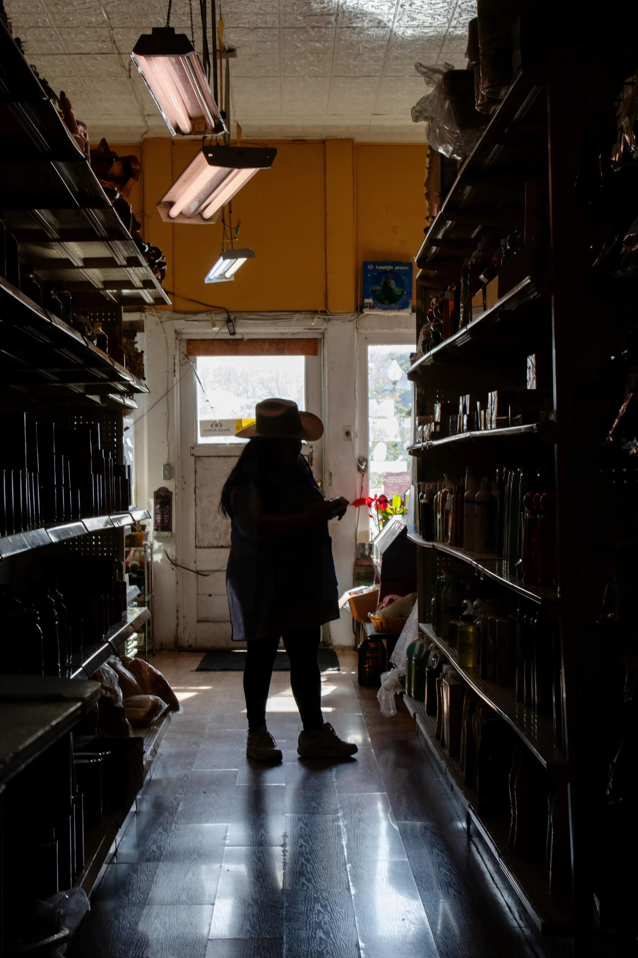 A silhouetted person in a grocery aisle