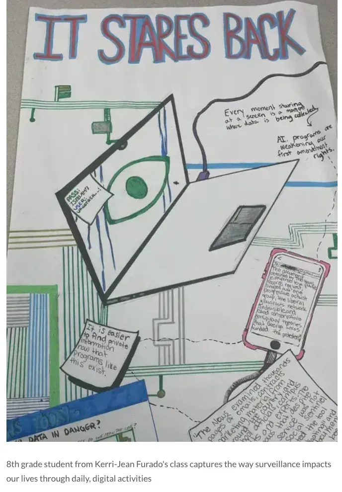 A student poster with the title "It stares Back" recounts learning from reporting on AI over a graphic of a computer with a hand drawn eye over the monitor