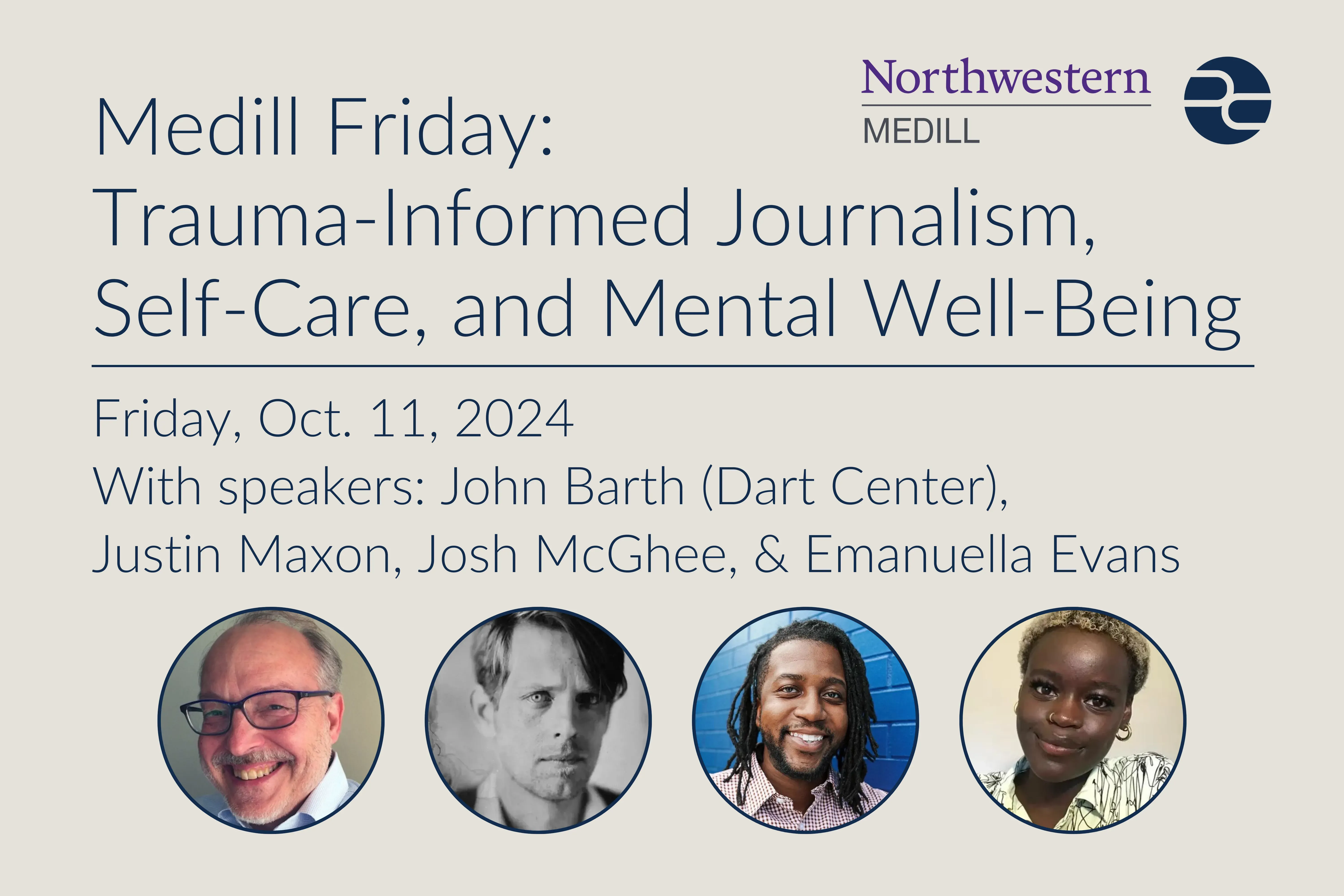 Medill Friday: Trauma-Informed Journalism, Self-Care, and Mental Well-Being event poster