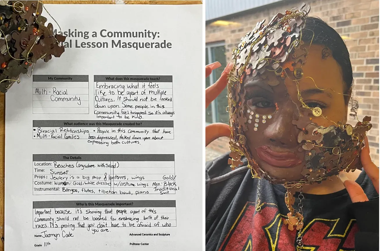 A composite photo of a student worksheet documenting a student's plans or a mask reflecting their analysis of reporting and a photo of the student wearing their mask. The mask is brown and made up of puzzle pieces