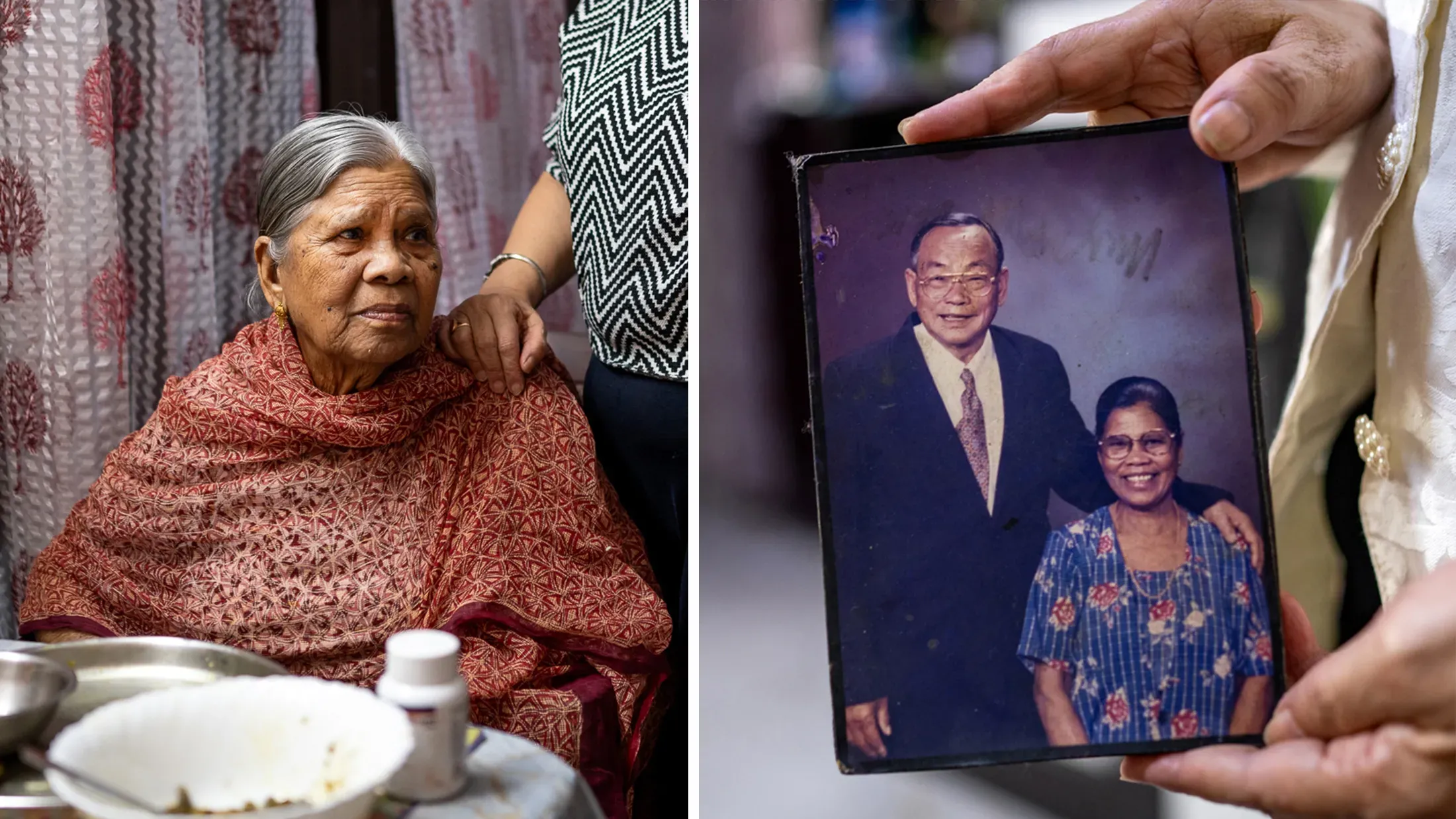 An elderly woman with gray hair sits at a table with a hand on her shoulder, wearing a brown shawl. To the right, a close-up of two hands holding an old photo of a man in a suit and a woman in a blue dress.
