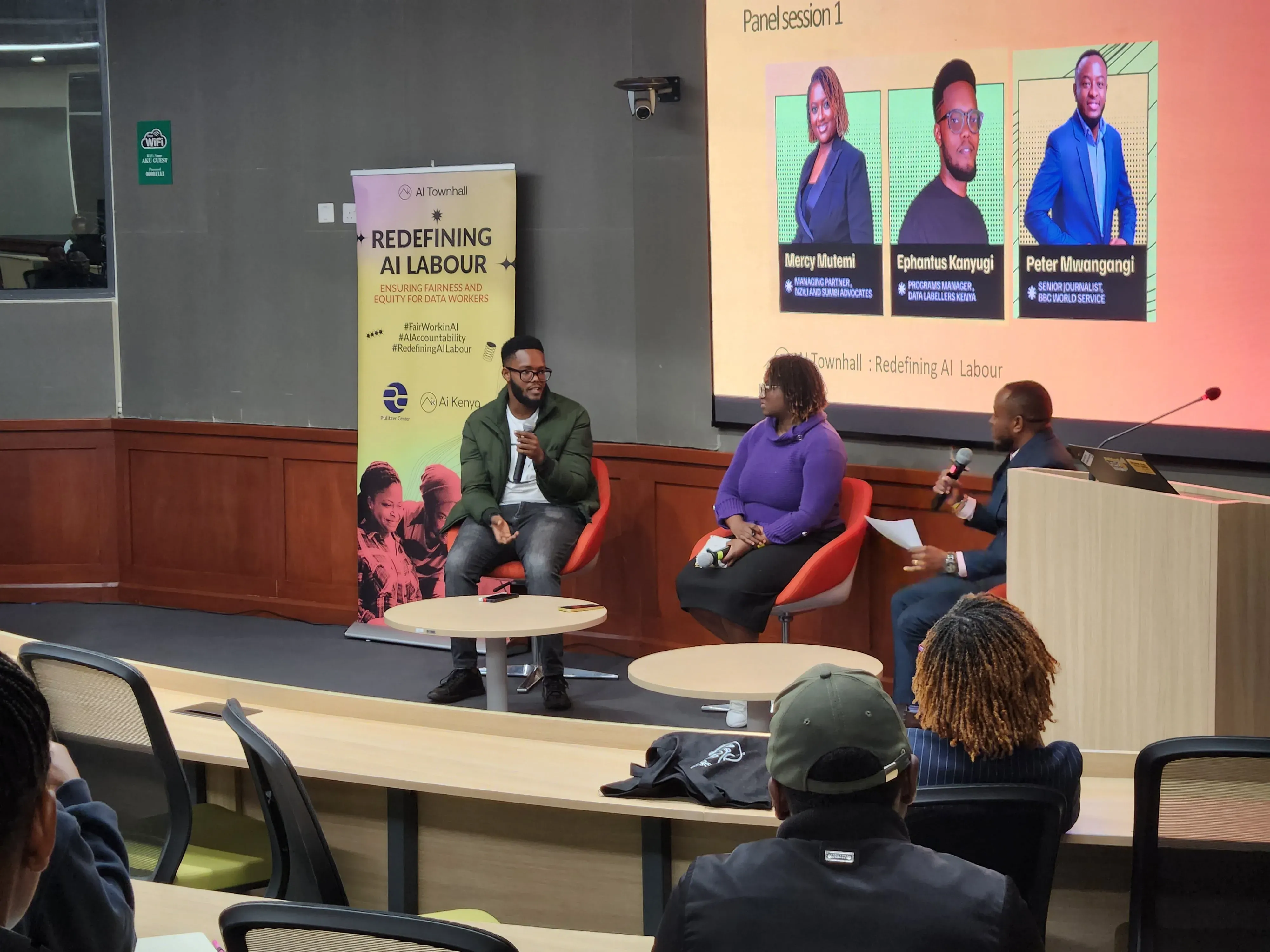 Ephantus Kanyugi, Mercy Mutemi and Peter Mwangangi on the first panel of the event