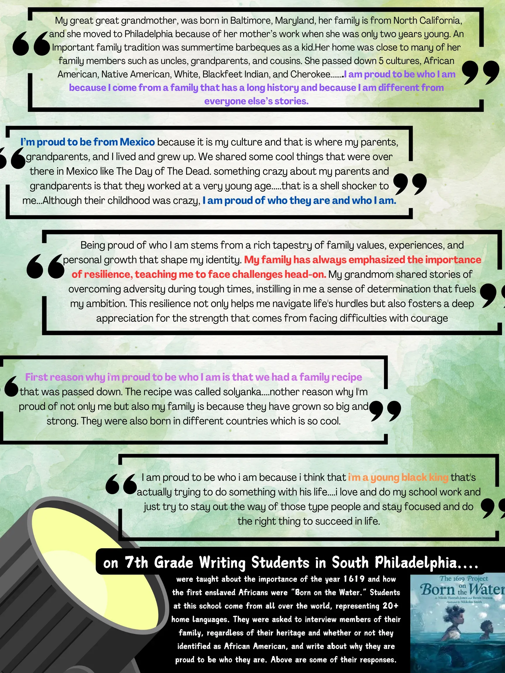 An image with several quotes from 7th grade writing students in South Philadelphia who were taught about the importance of the year 1619 and how the first enslaved Africans were "Born on the Water." Quotes reflect the school demographic with students from all over the world representing 20 home languages. They were asked to interview members os their family and write about why they are proud to be who they are. 