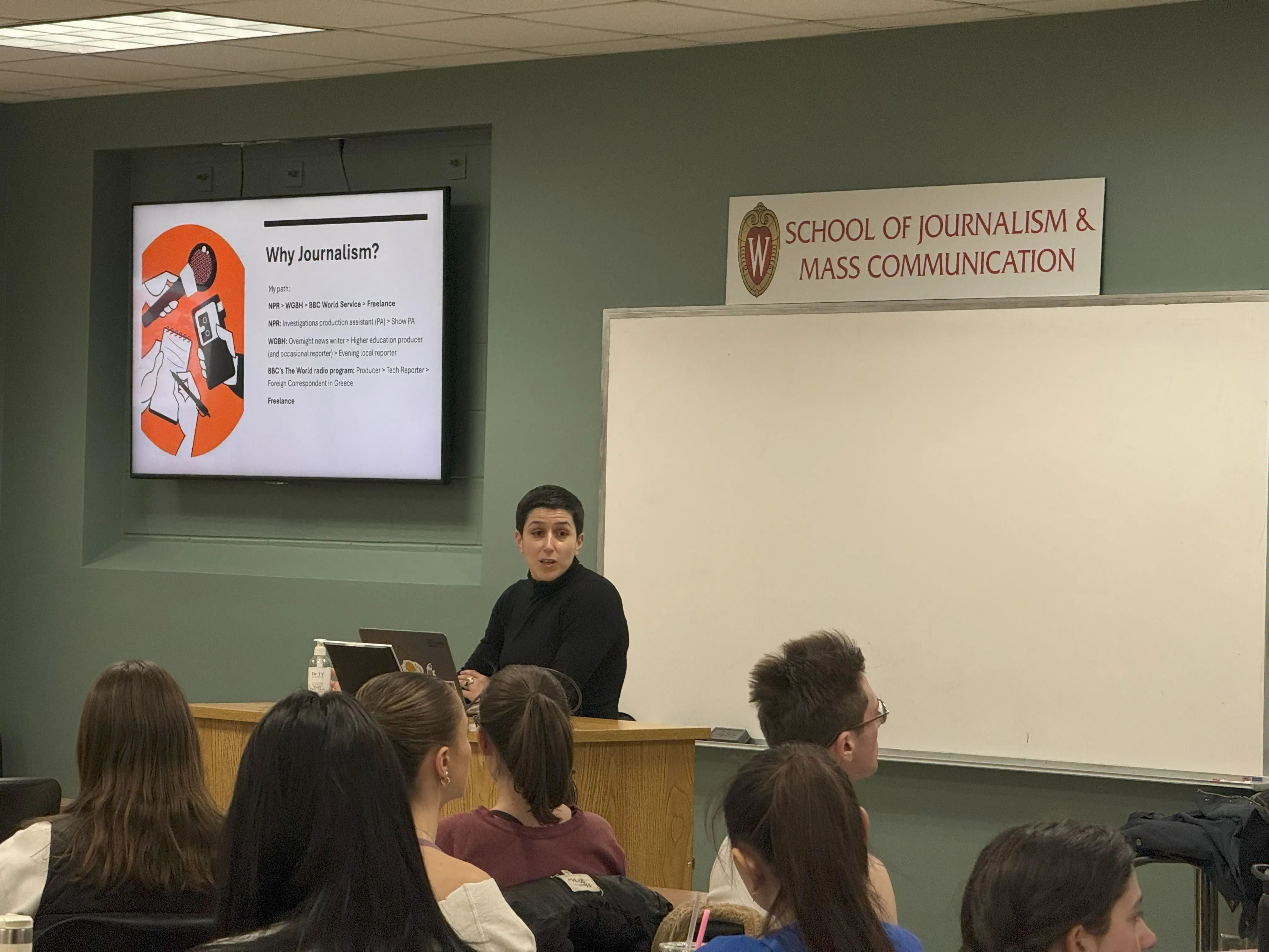 Journalist Lydia Emmanouilidou speaks to students at University of Wisconsin–Madison.