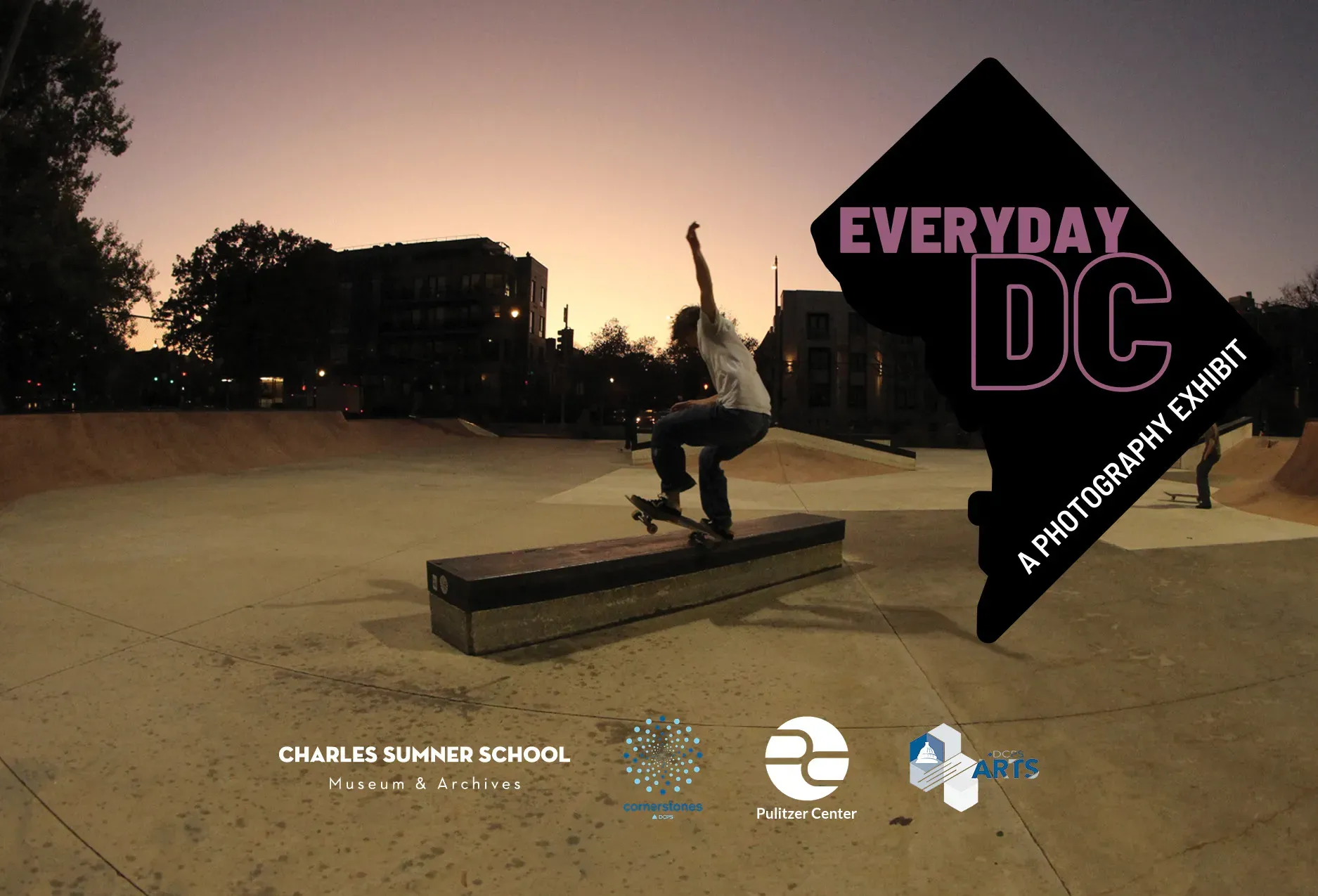 A student rides a skateboard in a skateboard at sunset in D.C. Image by Estella. United States, 2025.
