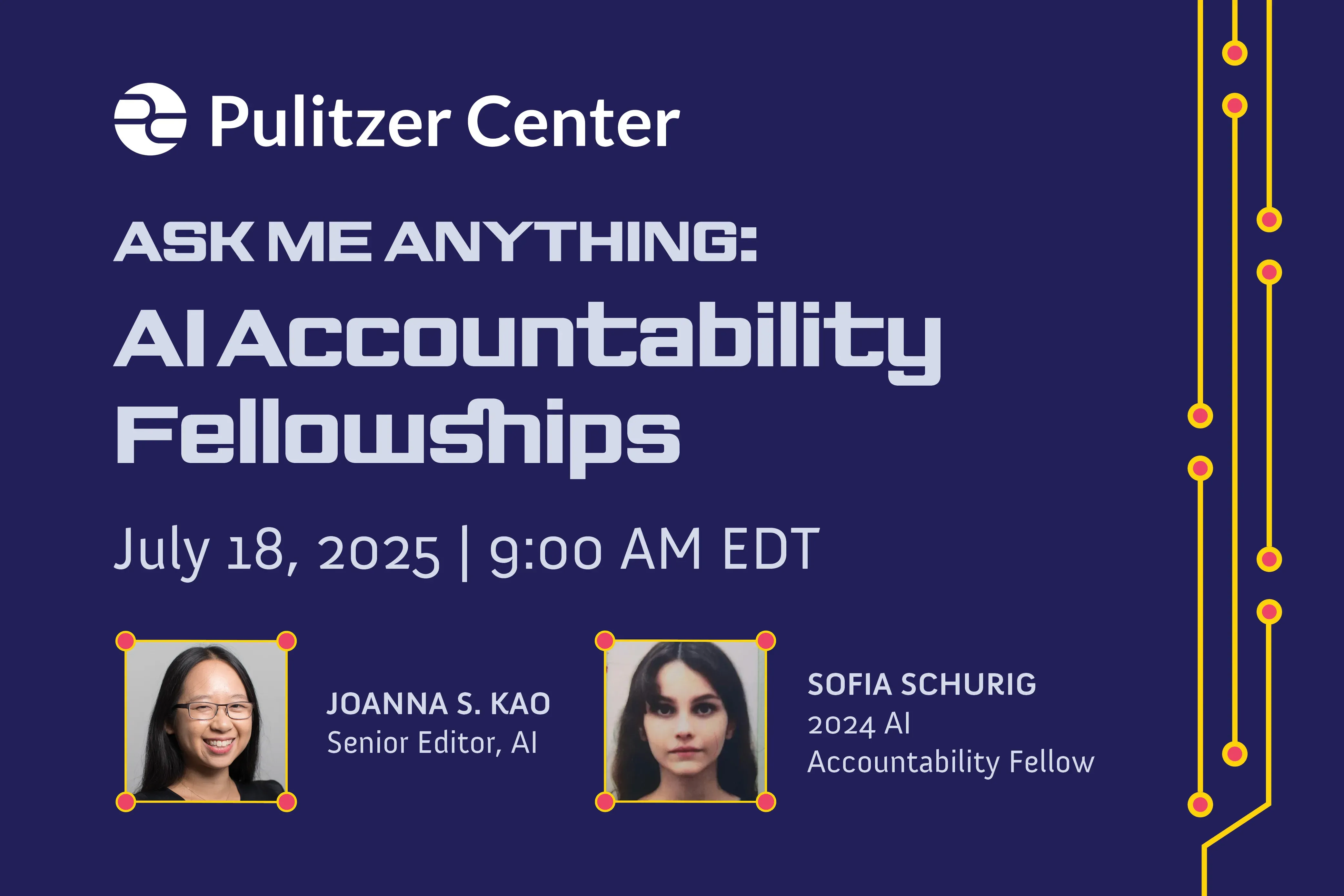 Joanna Kao and Sofia Schurig will host an 'Ask me anything' webinar for those who are interested in applying for the 2025 AI Accountability fellowship