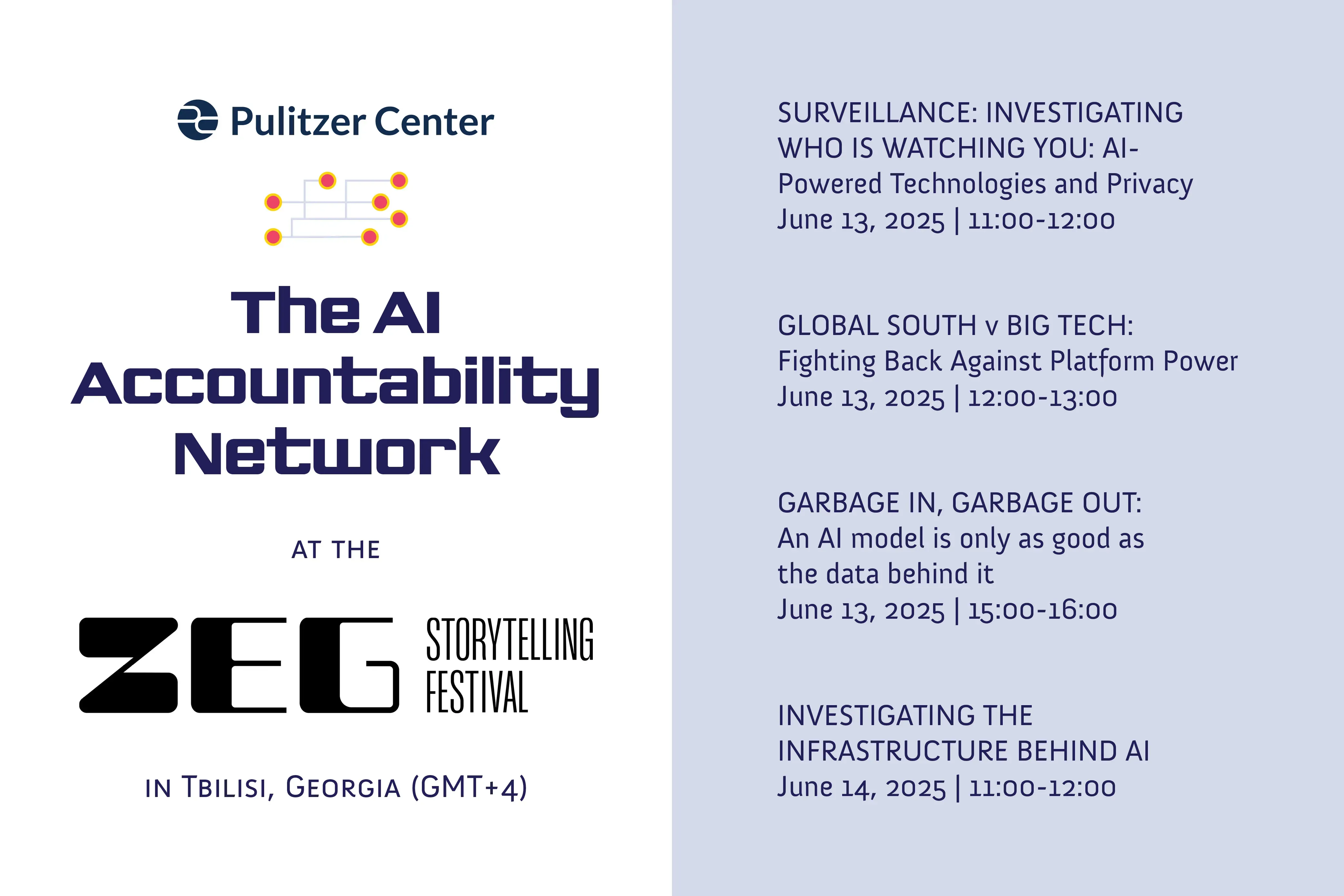 Zeg Fest flyer with logos for AI accountability network, ZEG fest, Pulitzer Center