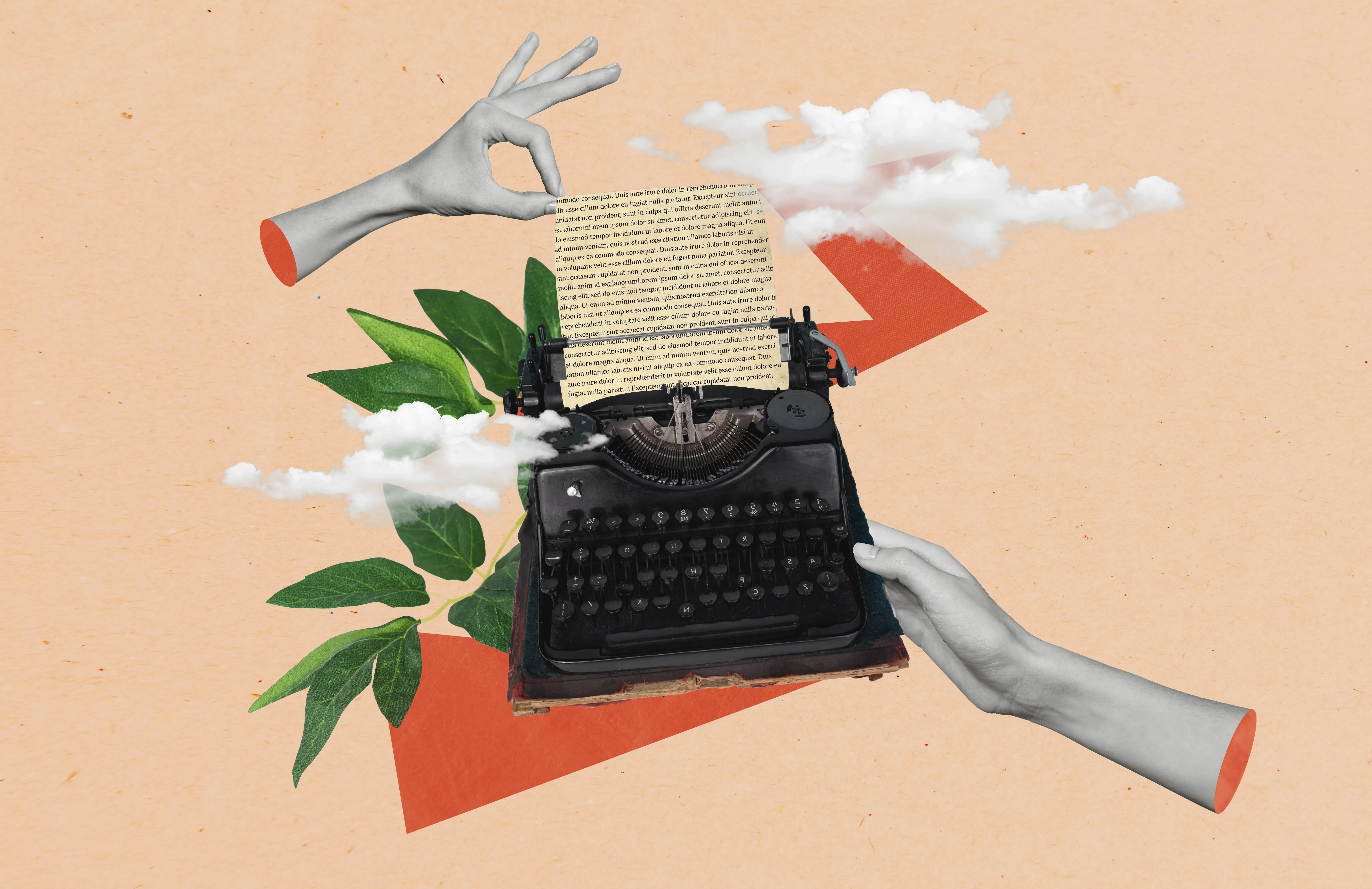 Collage illustration of hands holding a typewriter, a journalist writing a document on beige background