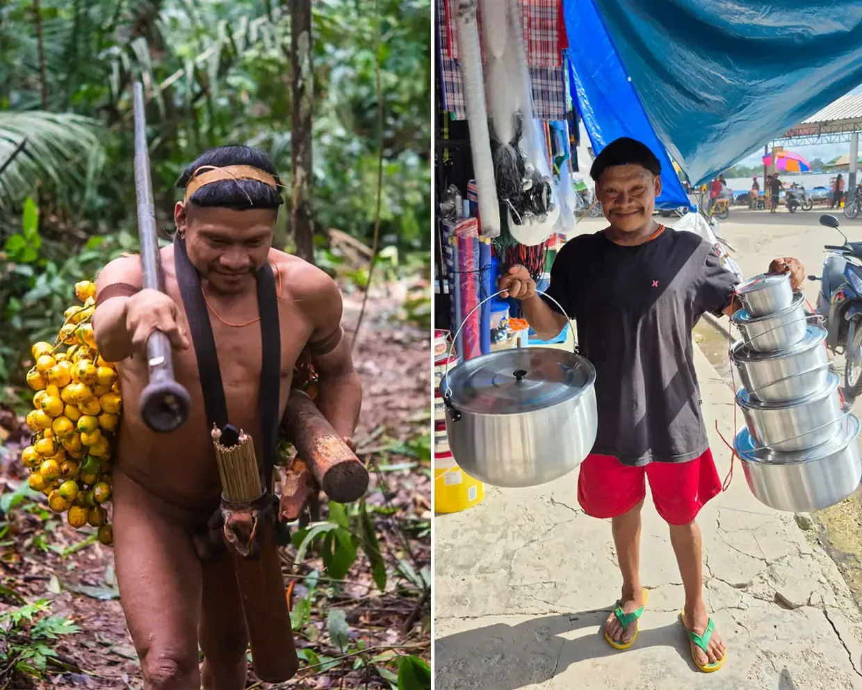 Korubo Indigenous man Xuxu, left, shortly after contact and, right, showing pots purchased at a riverfront shop in Tabatinga.