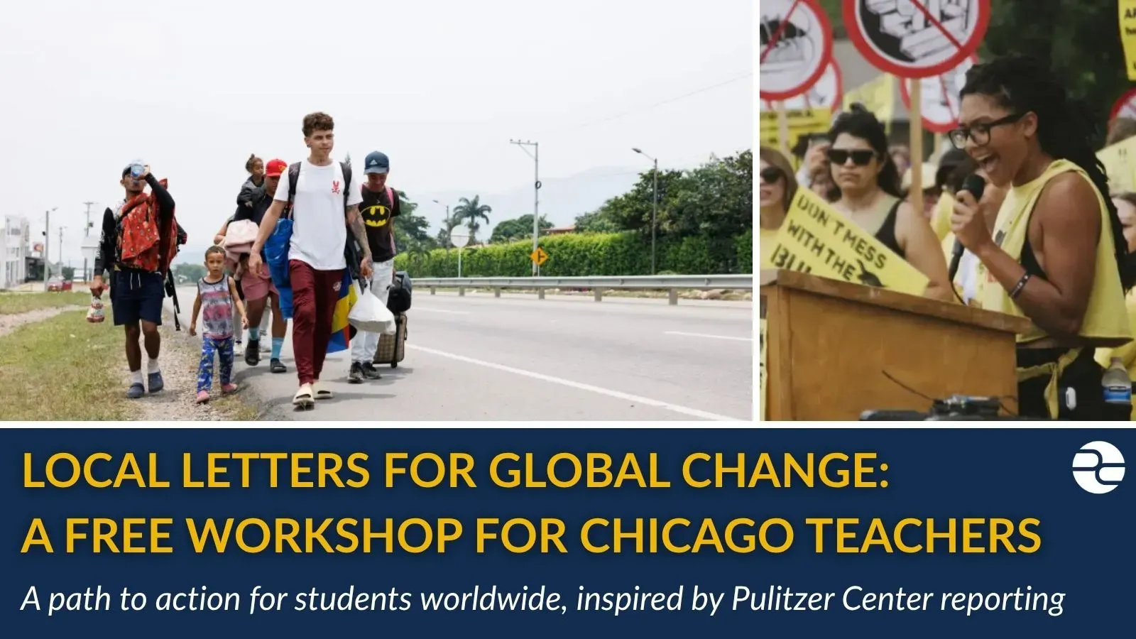 Two image collage: left, a family walks down a highway with backpacks. Right, a young woman speaks at a podium where attendees hold protest signs. 