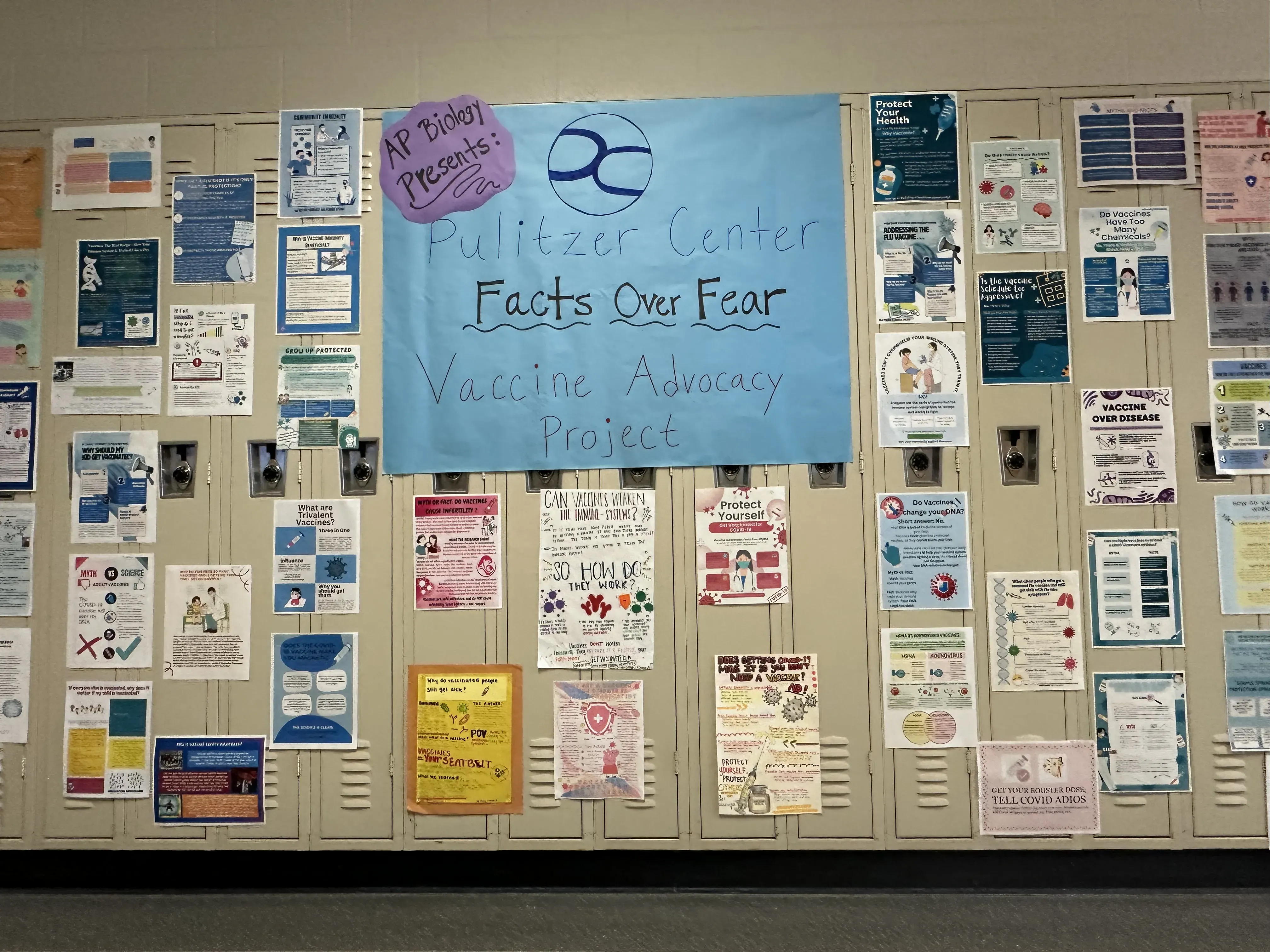 collection of student informative posters about cholera, displayed on lockers