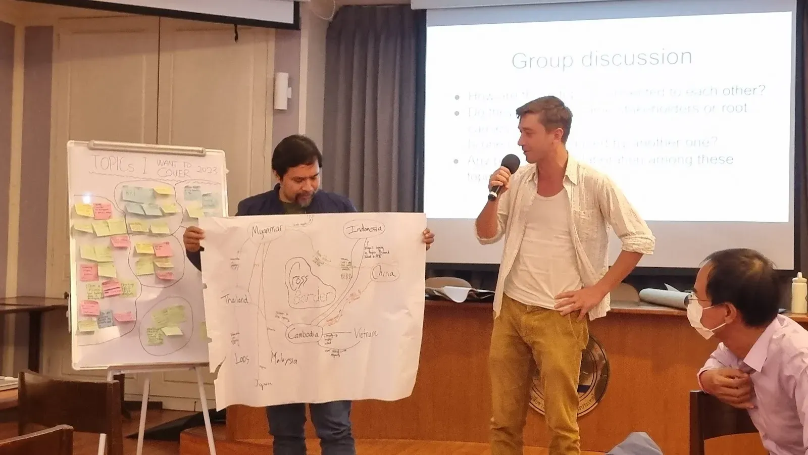 RJF Southeast Asia advisory committee member Wahyu Dhyatmika (left) and RIN Fellow Gerald Flynn (center). Image by Detty Saluling/RJF. Thailand, 2023.