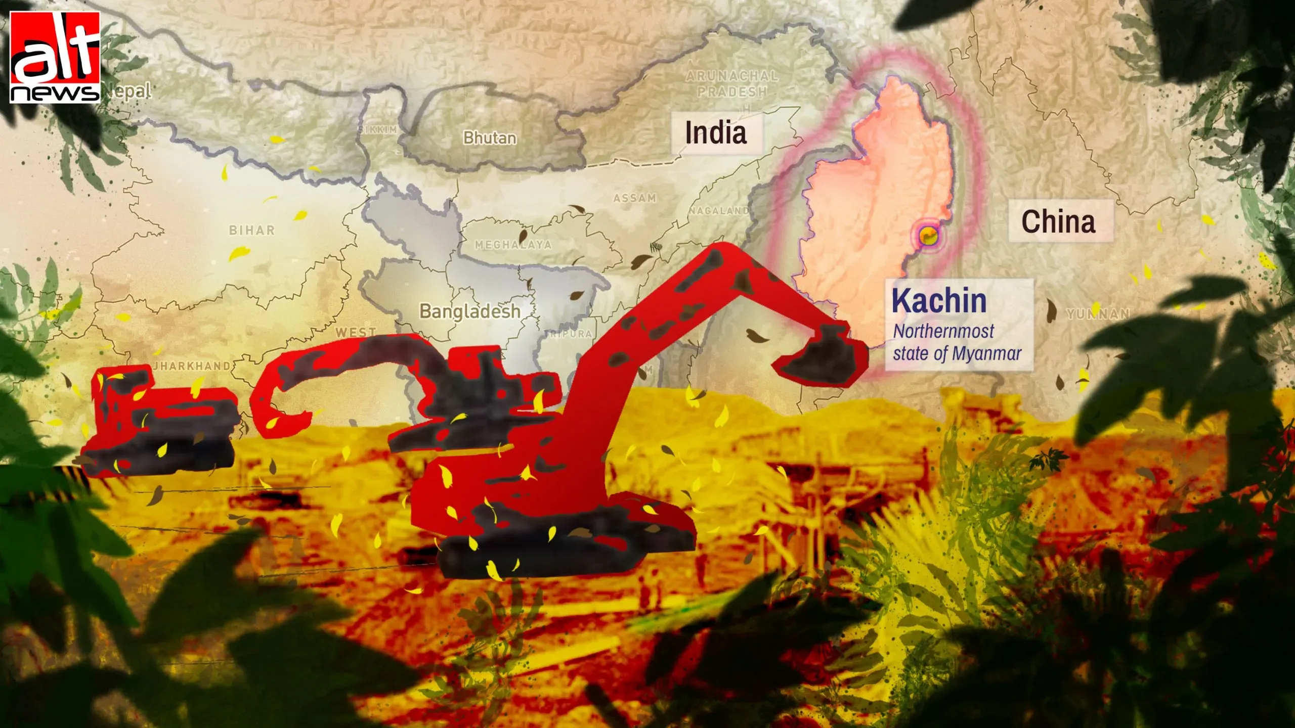 An illistration shows mining machinery over a map of Myanmar, India, and China