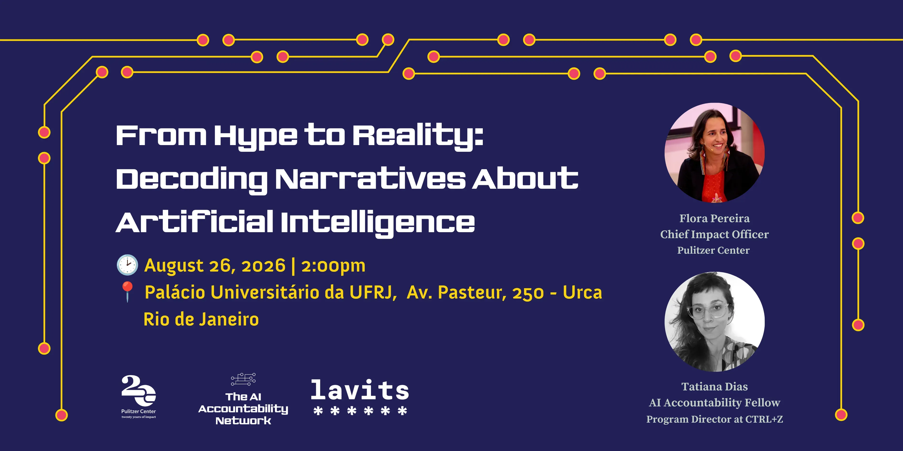 English flyer for event on August 26 at 2 pm From Hype to Reality: Decoding Narratives About Artificial Intelligence