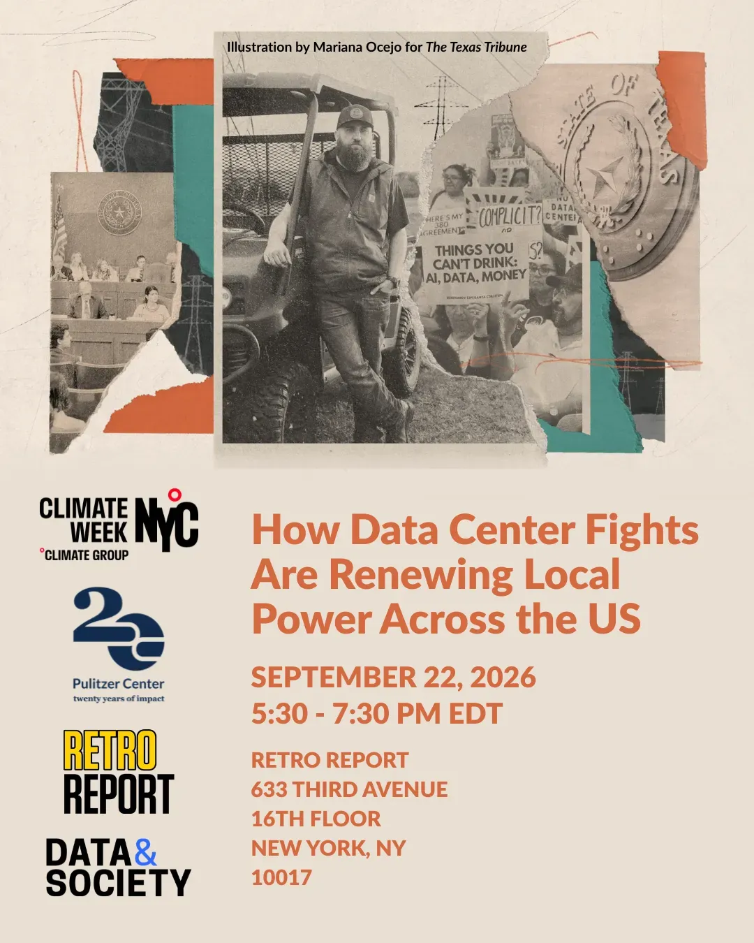 Flyer for event shows photograph of farmers, legislators, and protestors 