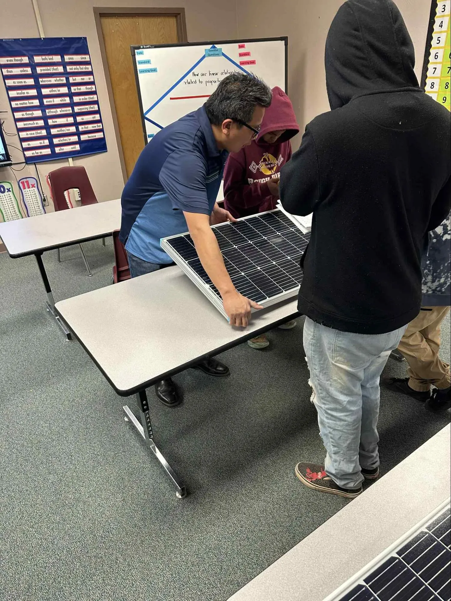 Teacher fellow Andre Pineda works with students to assemble a solar panel as part of his lesson’s exploration of local solutions to address the impacts of climate change. Image provided by Andre Pineda, 2025.