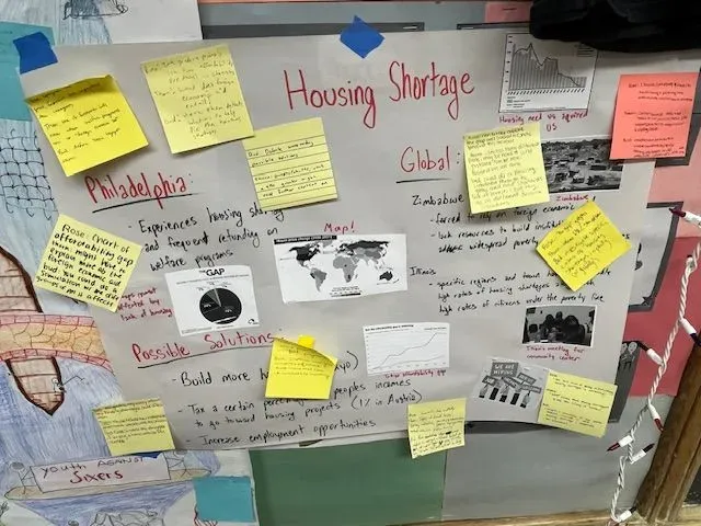 Poster created by students in Ken Hung’s IB Politics class to reflect research into how reporting on housing access in Philadelphia connected to issues faced by communities globally. Image by Ken Hung. United States, 2026.
