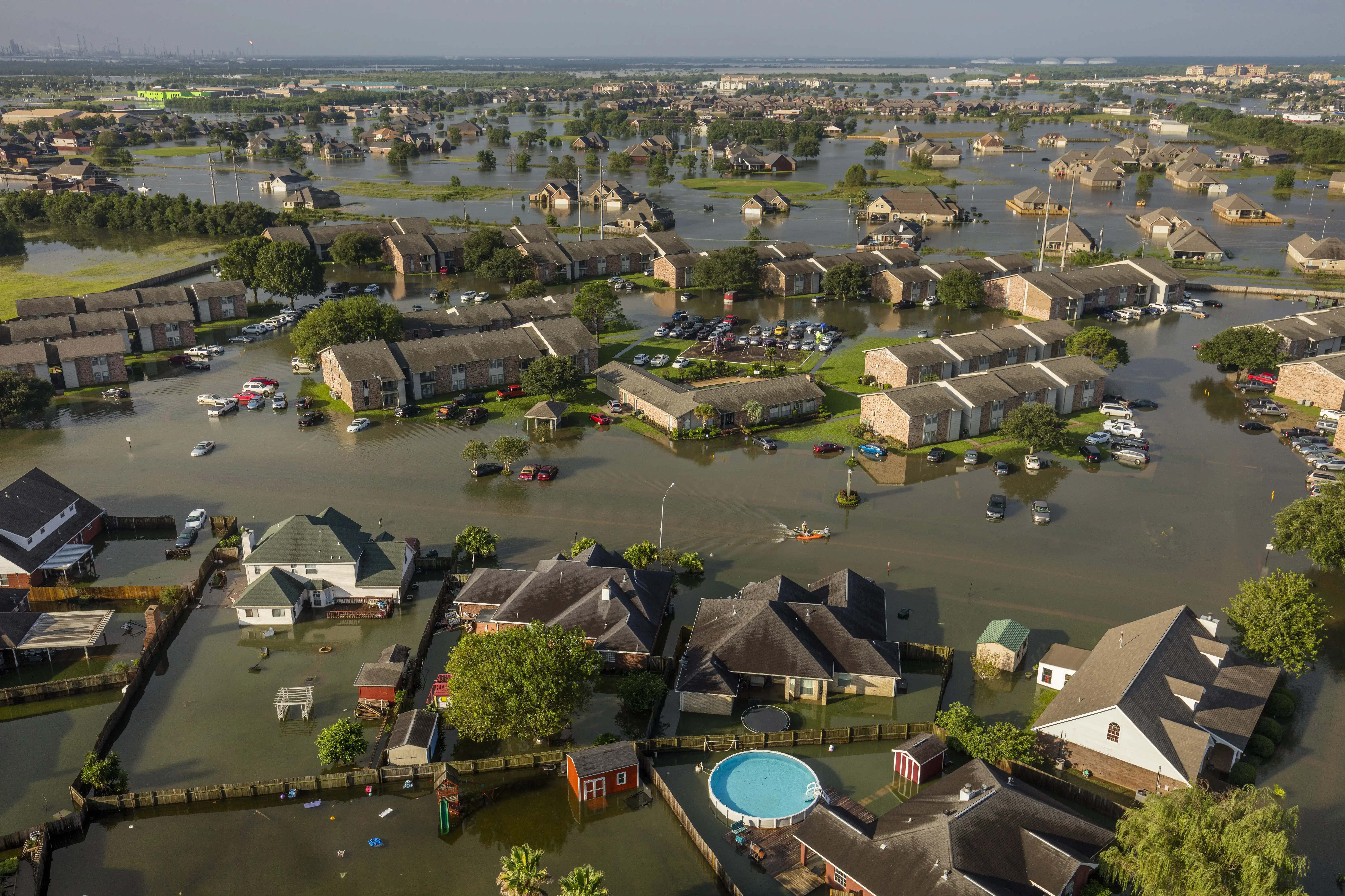 When Hurricane Harvey struck Texas last summer, record rainfall caused catastrophic flooding. In six days, as much as 60 inches of rain fell, leaving at least 68 people dead and $125 billion in damage. One study found that climate change has made cataclysmic rain events like Harvey three times as common as they were. Harvey was a particularly slow-moving hurricane, making it significantly more destructive: The storm stood still and drenched already flood-prone areas. ‘‘There’s a good chance another event like Harvey will happen again,’’ said Adam Sobel, the director of Columbia University’s Initiative on Extreme Weather and Climate. ‘‘This is the kind of thing we expect to see more and more, even if we stop emitting carbon today.’’ Image by George Steinmetz. Texas, 2017. Media file: 8_texas_01_copy.jpg