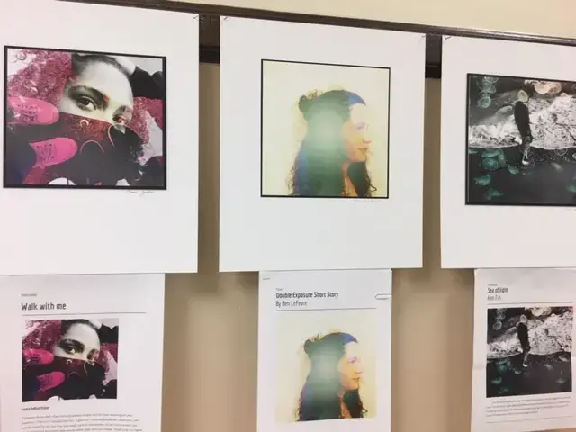 Students from R.J. Reynolds High School in Winston-Salem, NC present double-exposure portraits that they designed in their photography classes to visually communicate parts of their identities. The students created their portraits after participating in a hands-on photography workshop with Pulitzer Center grantee Daniella Zalcman, who uses double-exposure photography in her reporting. Image by Fareed Mostoufi. United States, 2018. Media file: img_9669_2.jpg