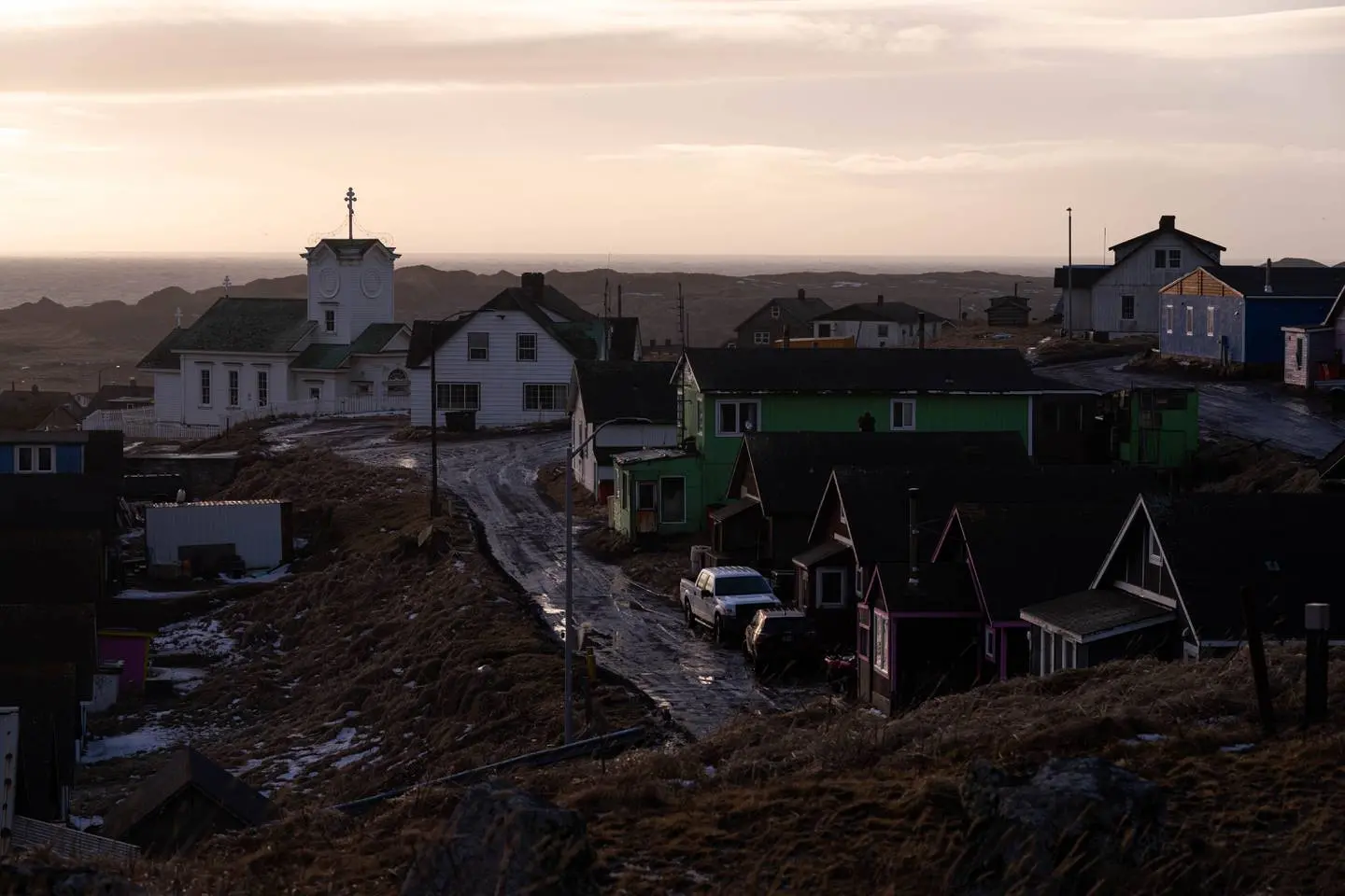 Saints Peter and Paul Orthodox Church rises over the community of St. Paul on St. Paul Island