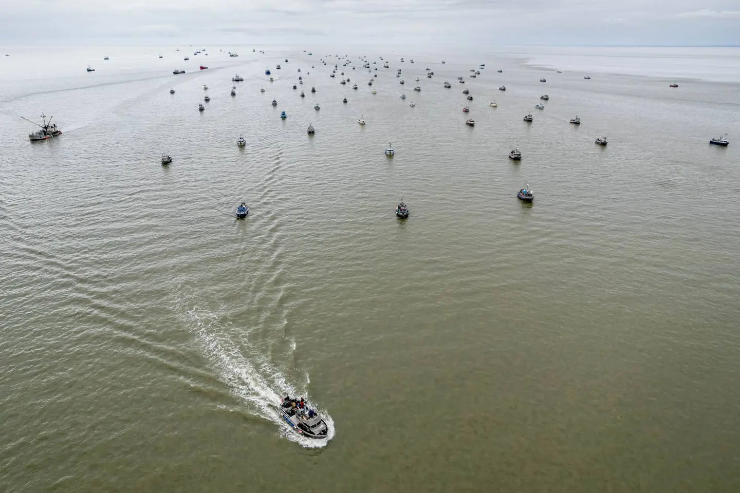 About a hundred boats sit in a large body of water that is a murky brown color.
