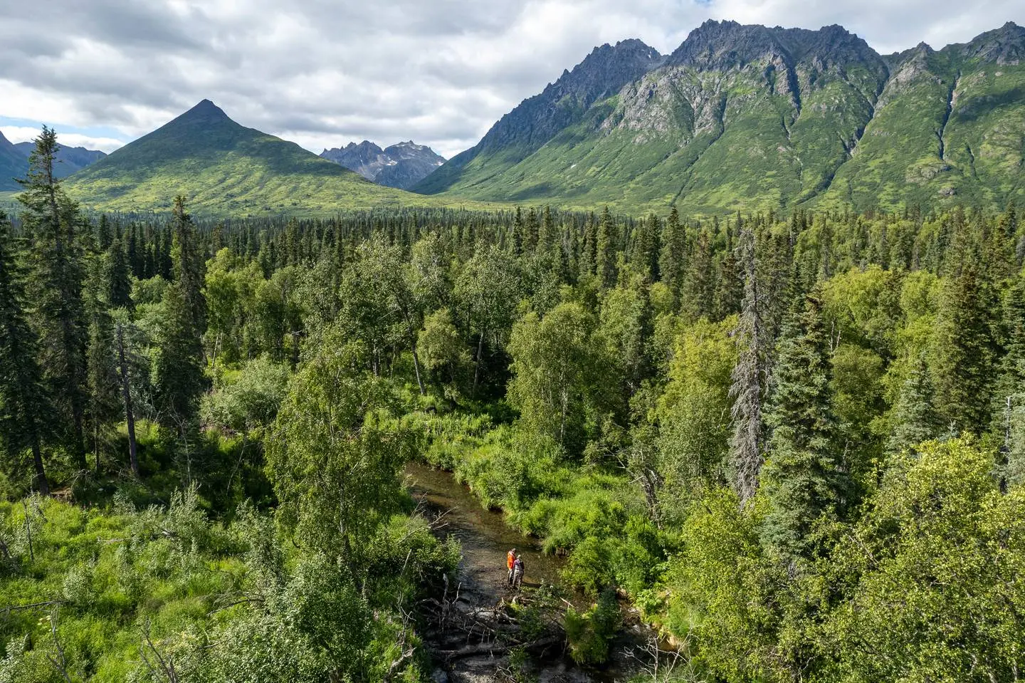 Two researchers stand in a creek. The picture is taken from above and shows the context of their location as a verdant forest in a valley surrounded by jagged rocky peaks. 