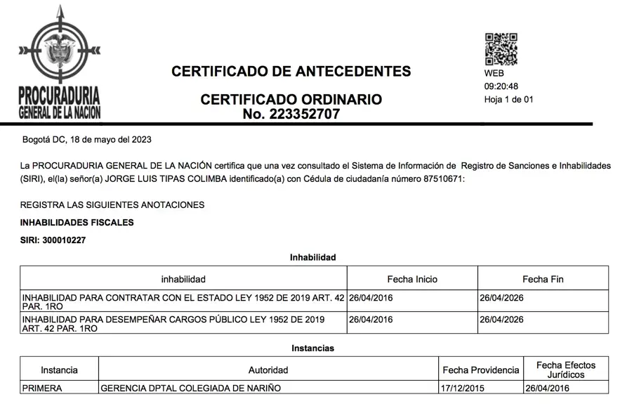 Certificado de antecedentes de Jorge Luis Tipas, quien está inhabilitado para ejercer cargos y firmar contratos públicos y es testigo del proyecto de bonos de carbono.