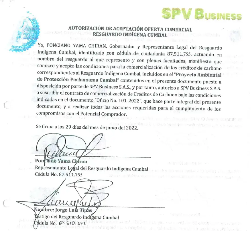 Pantallazo de la carta del gobernador Ponciano Yamá aceptando, como "representante legal" del resguardo de Cumbal, una oferta comercial para la compra de bonos.