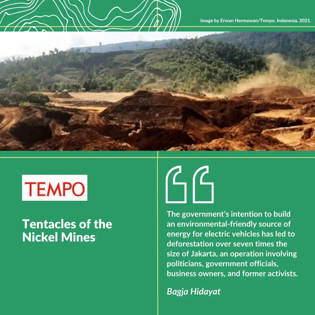 Title reads "Tentacles of the Nickel Mines", in the foreground there is deforestation and mud. 