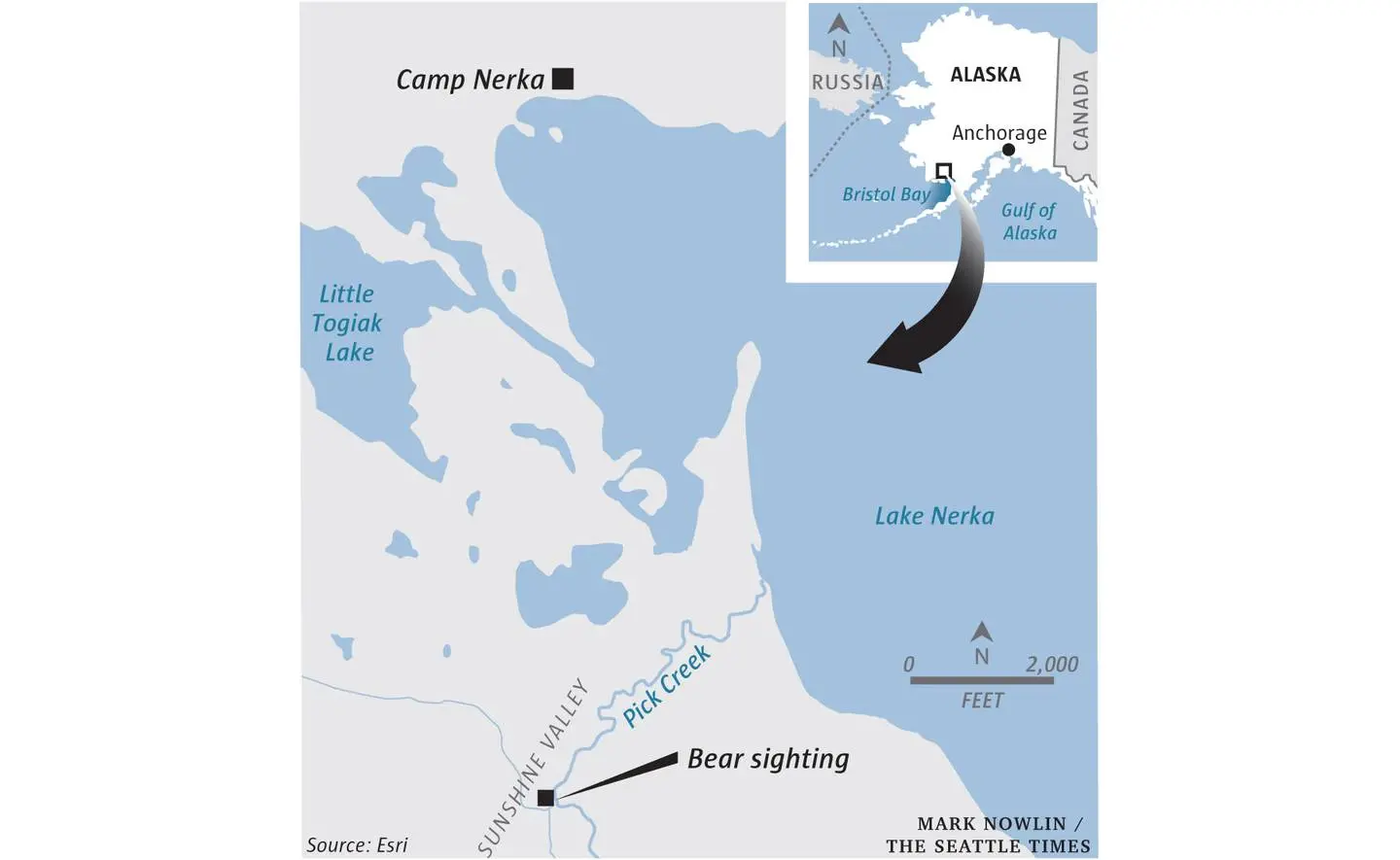 A map of the northern part of Bristol Bay in southern Alaska, near Lake Nerka at Pick Creek, shows the site of a bear sighting along Pick Creek and a place called Camp Nerka across the lake. 