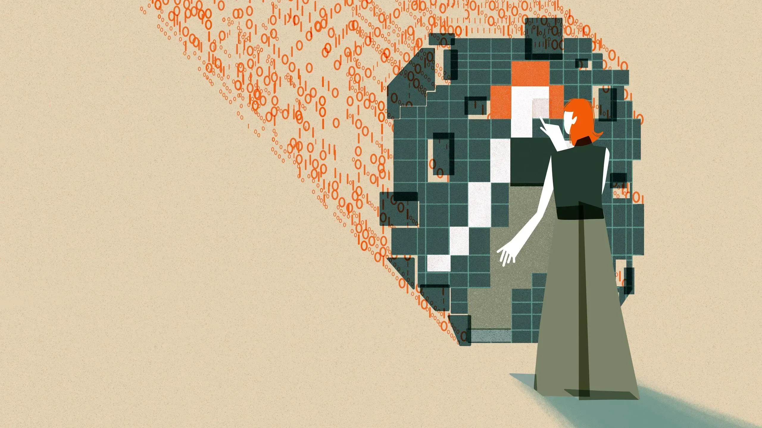 This image shows an individual with orange hair interacting with a large, abstract digital mirrored structure. The structure is composed of squares in varying shades of green, orange, white, and black which are pieced together to reflect the individual’s figure. The figure's hand is extended as if pointing to or interacting with the mirrored structure. Behind the  structure are streams of binary code (0s and 1s) in orange, flowing towards the digital grid.