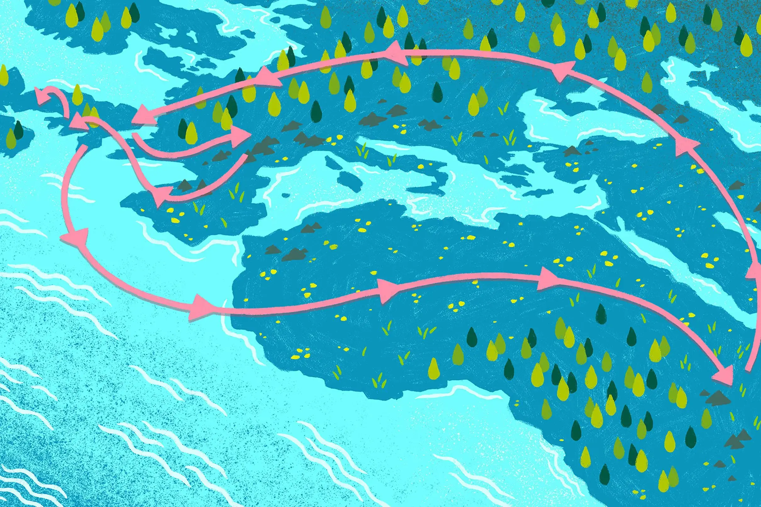 Stylized illustration of flows of carbon credits moving between Africa and Europe