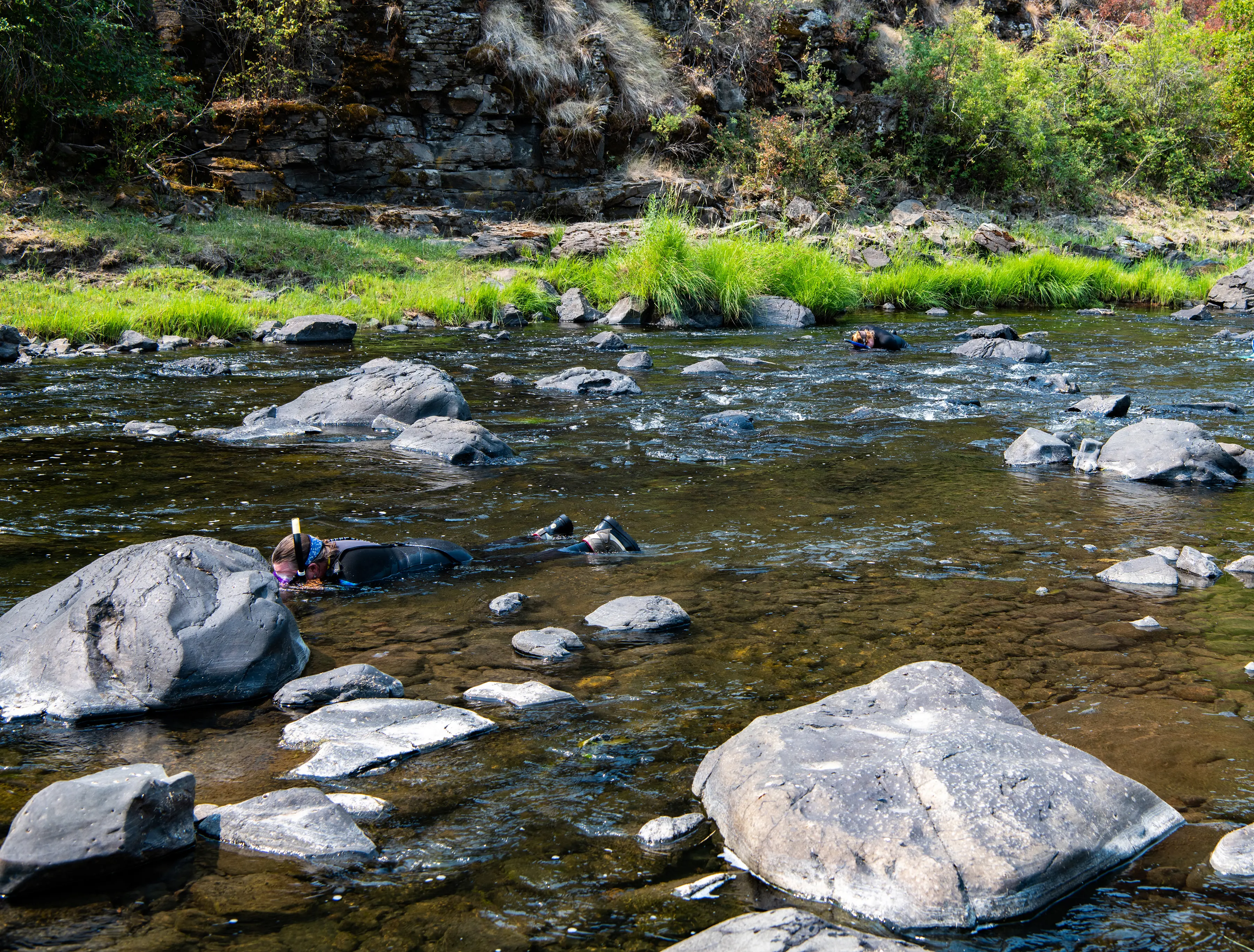 two people snorkeling in rocky waters