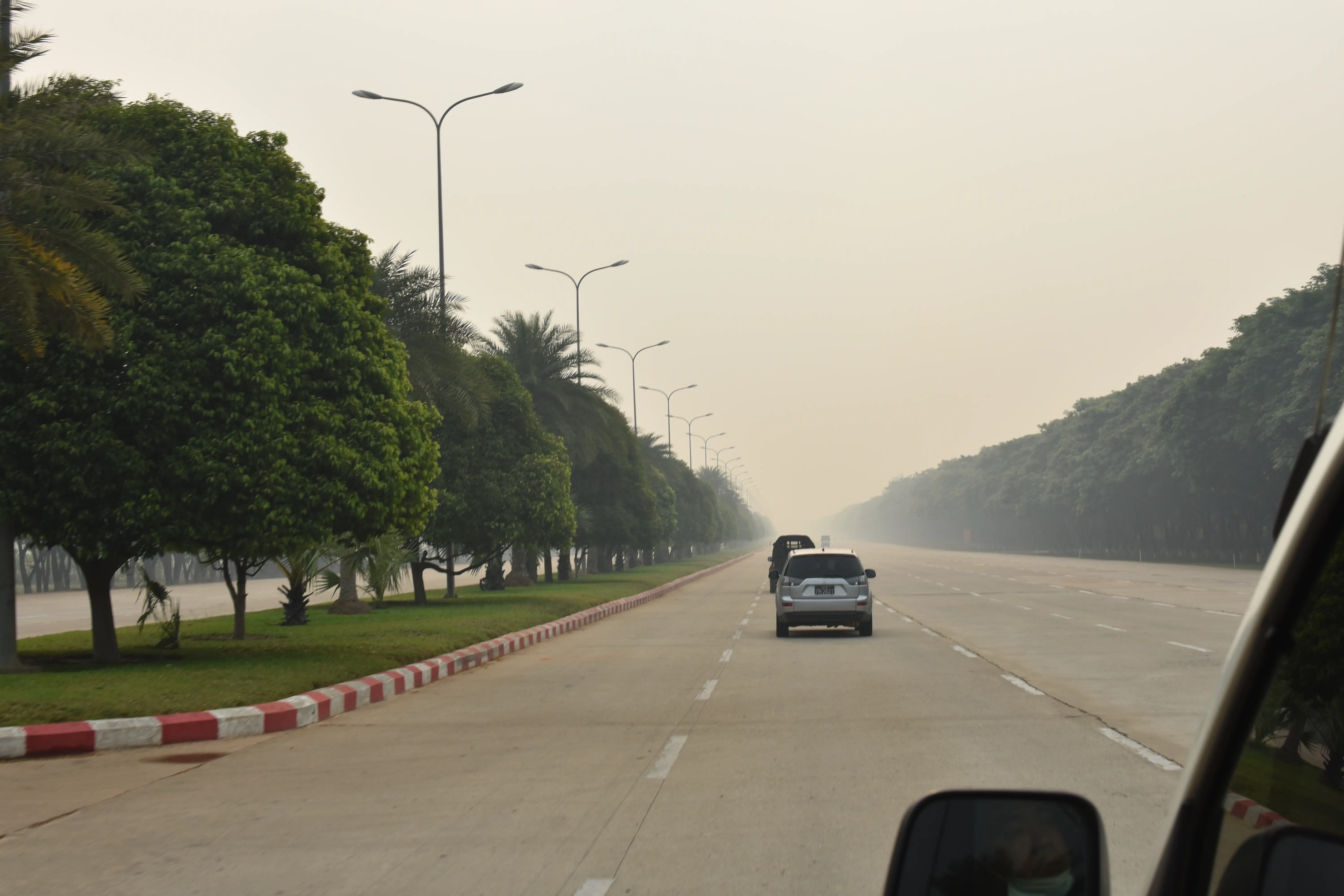 Cars drive down a foggy road. There are trees on either side of the street.