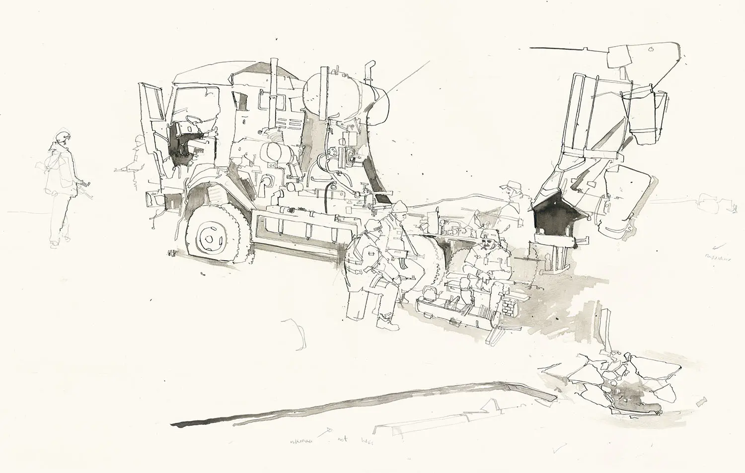 Illustration of soldiers sitting and standing around a destroyed cement mixer.