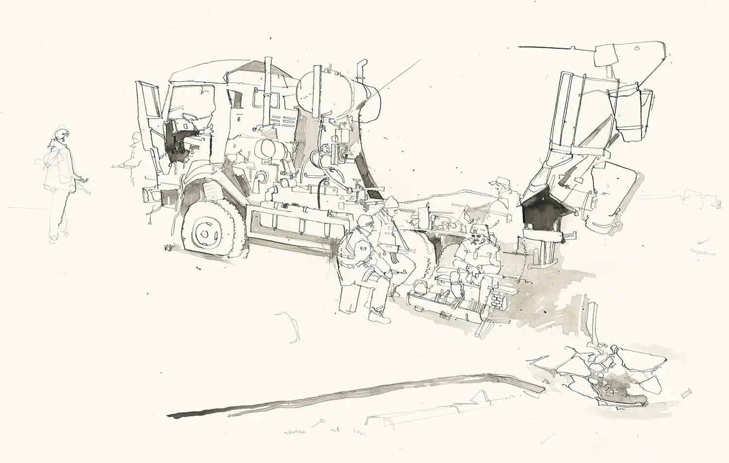 Illustration of soldiers sitting and standing around a destroyed cement mixer. 