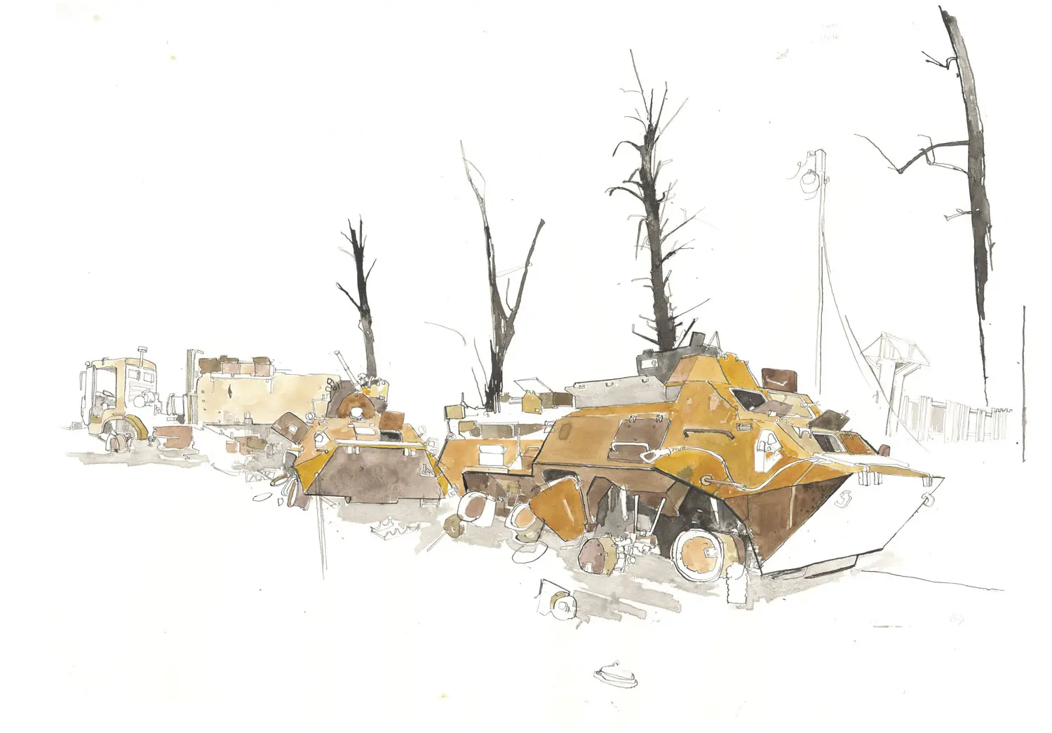 Illustration of two tanks and a large truck. The tank wheels are broken and there are bare trees on the edge of the road.