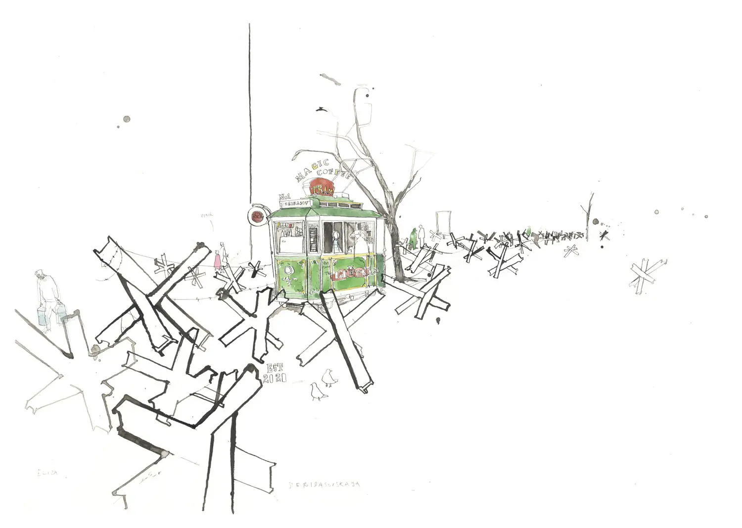 Illustration of X-shaped metal barriers are scattered around a small green tram. on the roof of the tram is a jovial sign saying "Magic Coffee". There are silhouettes of people and birds walking around on errands. The trees are bare.