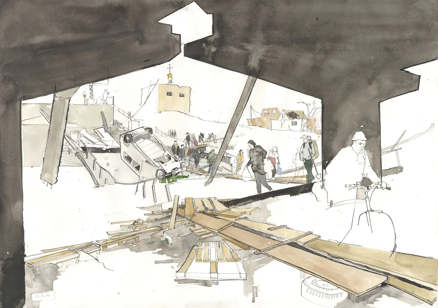 Illustration of an overturned car on a collapsed bridge. There is debris that a cyclist is trying to get past. There are several people walking near the overturned car. Some people walk by carrying shovels or plastic bags.