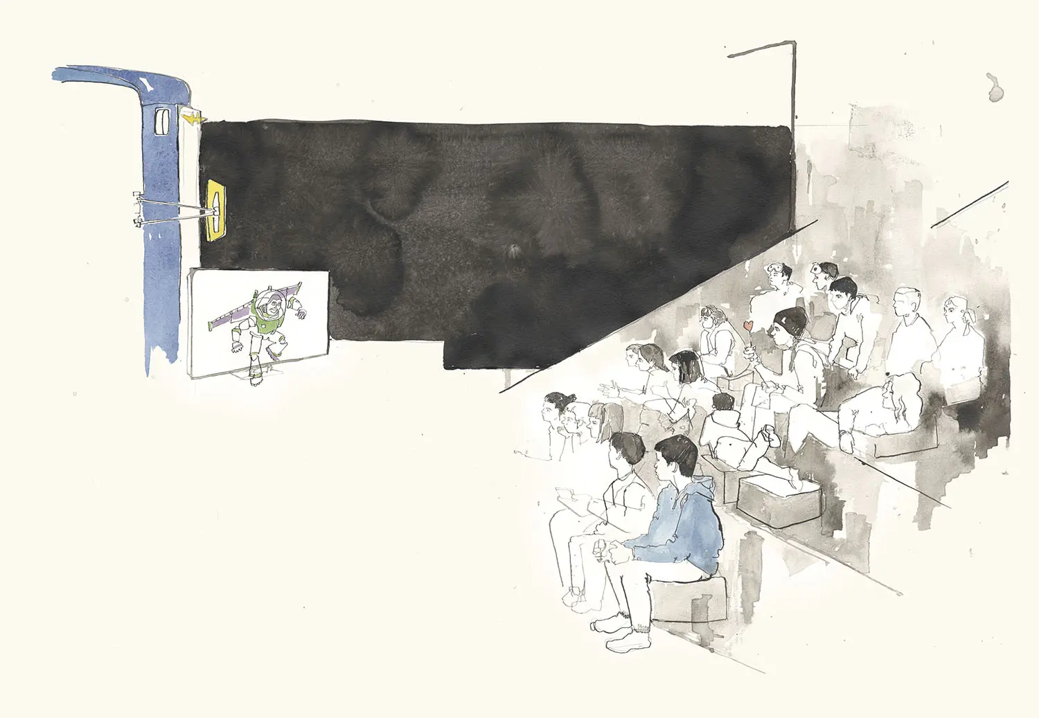 Illustration of children seated on stairs with cushions as they watch Buzz Lightyear fly out of the screen.