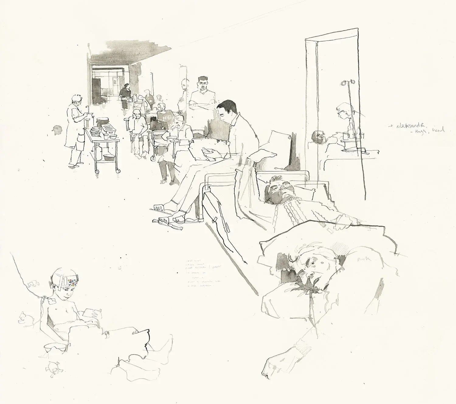 Illustrations. In the bottom left corner, a young boy with bandages on his head lays in bed and looks at a smart phone. In the top illustration, people line a hallway, either sitting down or on beds. 