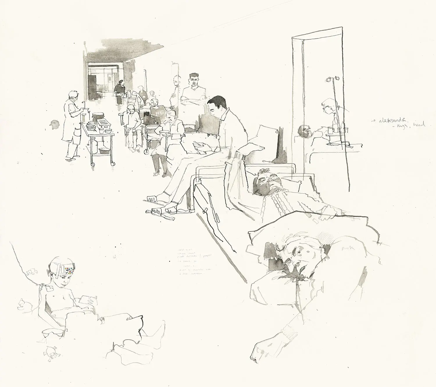 Illustrations. In the bottom left corner, a young boy with bandages on his head lays in bed and looks at a smart phone. In the top illustration, people line a hallway, either sitting down or on beds.