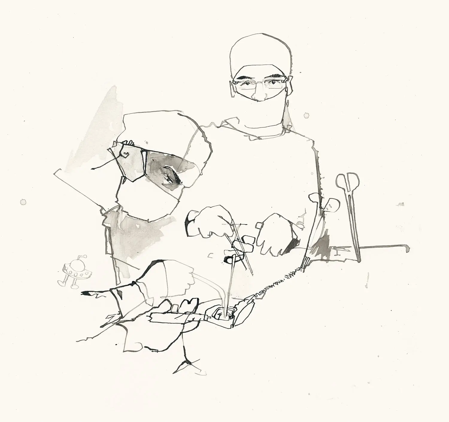 Illustration of two surgeons working on an undefined patient. There are clamps, vacuums and tubes. One surgeon is looking at the artist while the other focuses on their work. 