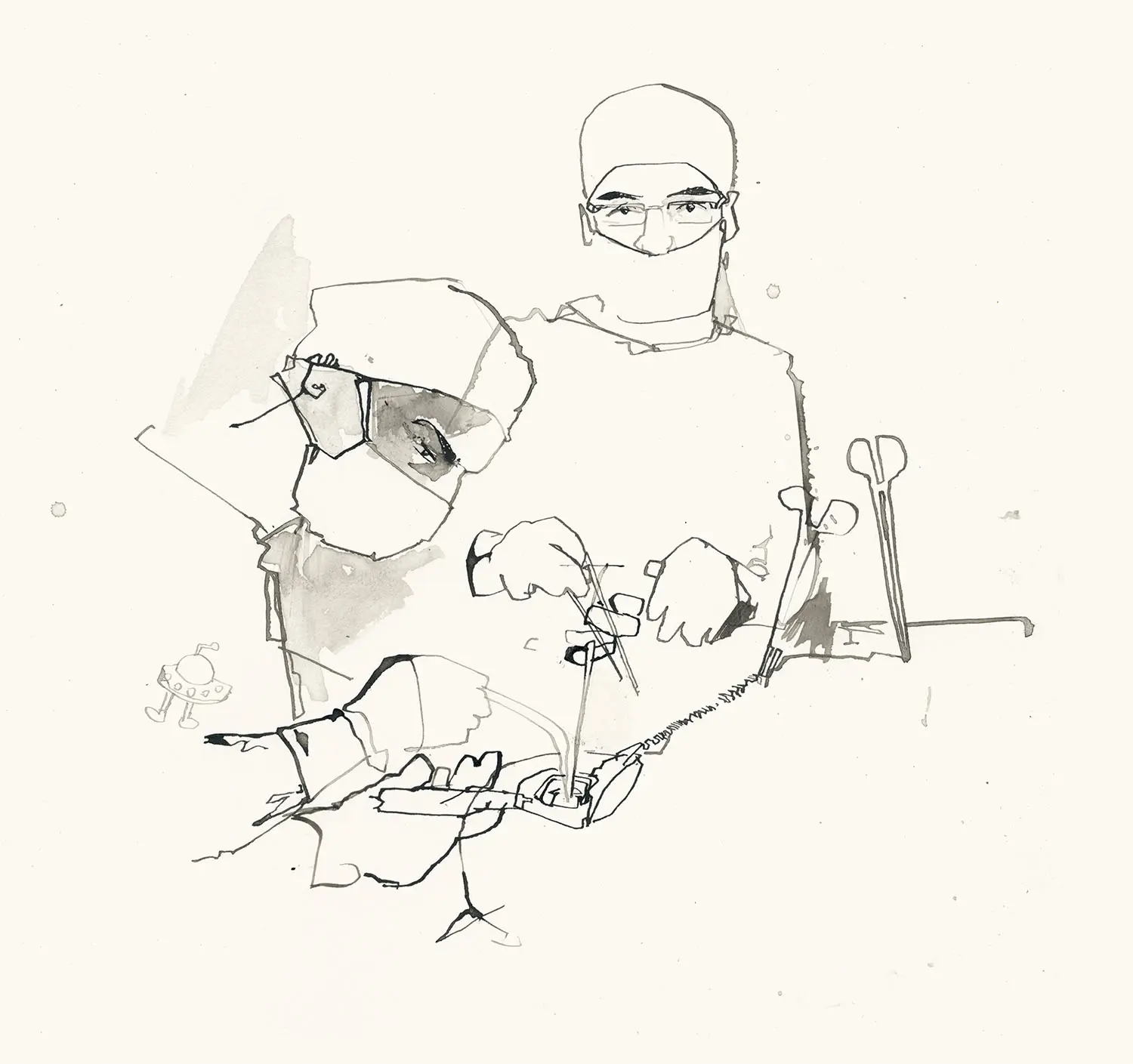 Illustration of two surgeons working on an undefined patient. There are clamps, vacuums and tubes. One surgeon is looking at the artist while the other focuses on their work.