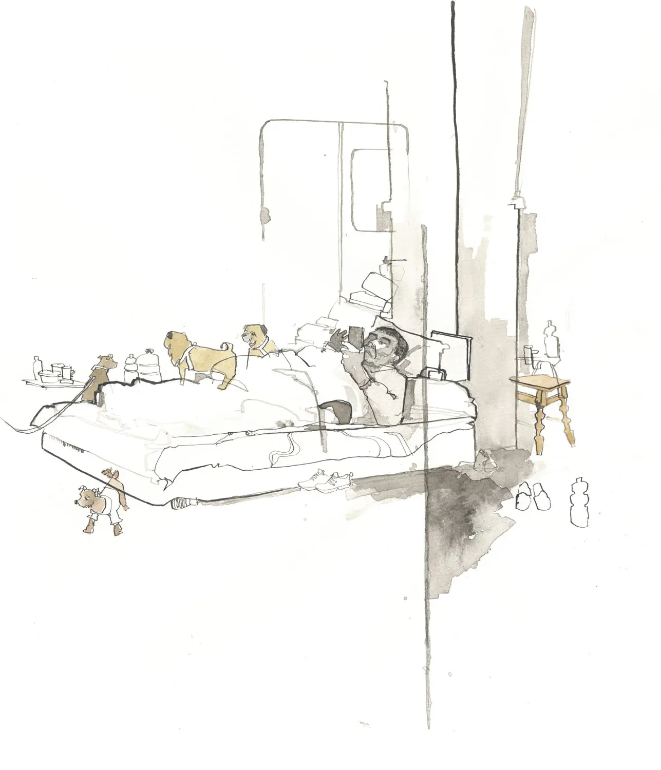 Illustration of a man laying on a mattress. He checks his phone while four small dogs on leashes surround him.