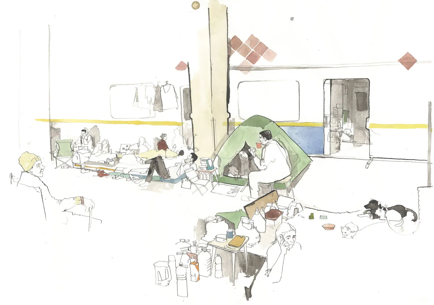 Illustration of a makeshift camp with tents and mattresses is set up next to a train. There are clothes hanging to dry and pets on leashes. Plastic bottles and bags of canned food are on tables. An elderly woman wearing a toboggan sits in a chair.