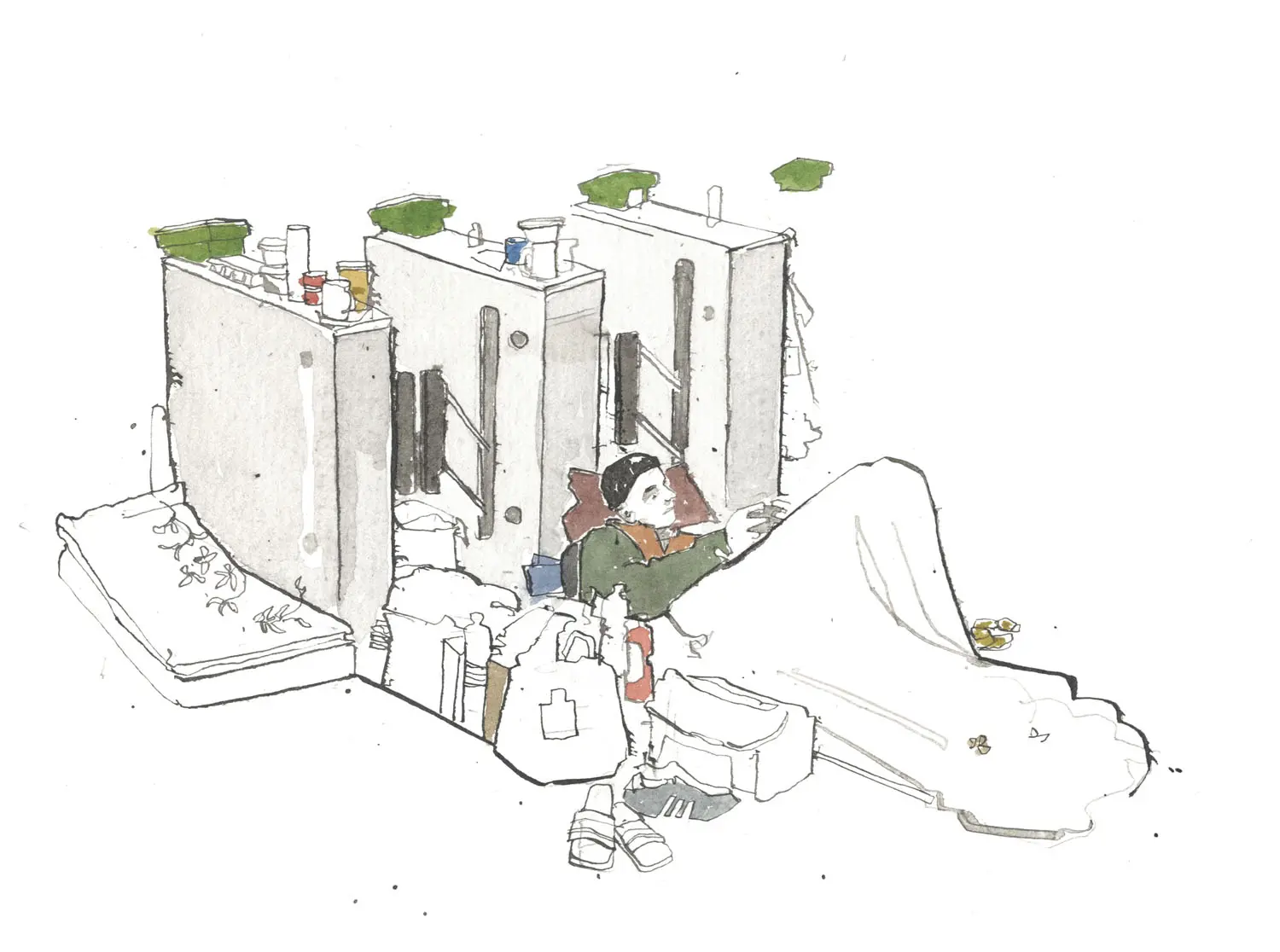 Illustration of a man laying on a pallet set up at the base of metro line turnstiles.