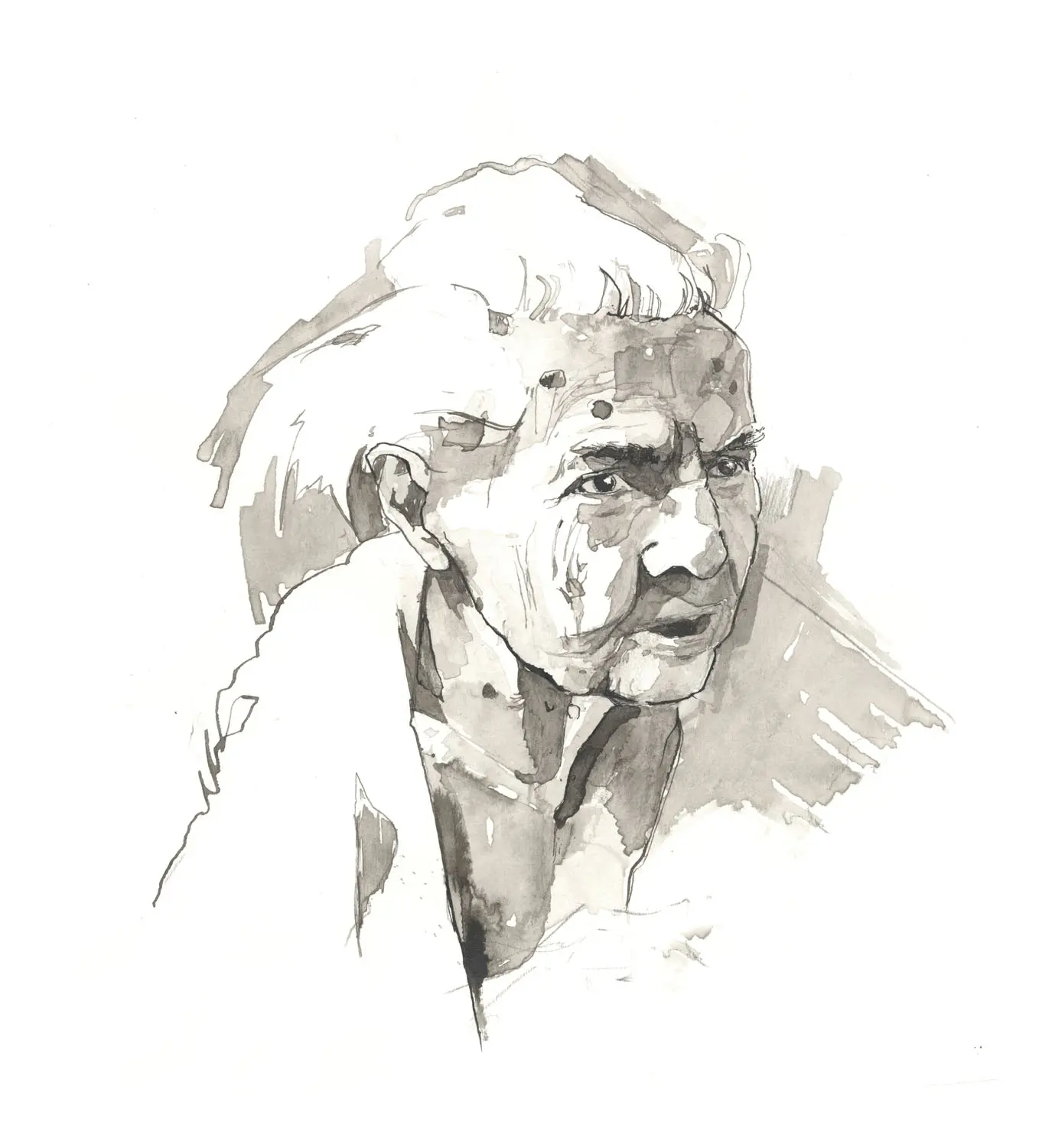 A portrait of an elderly woman, mid speech. Her hair is disheveled.  