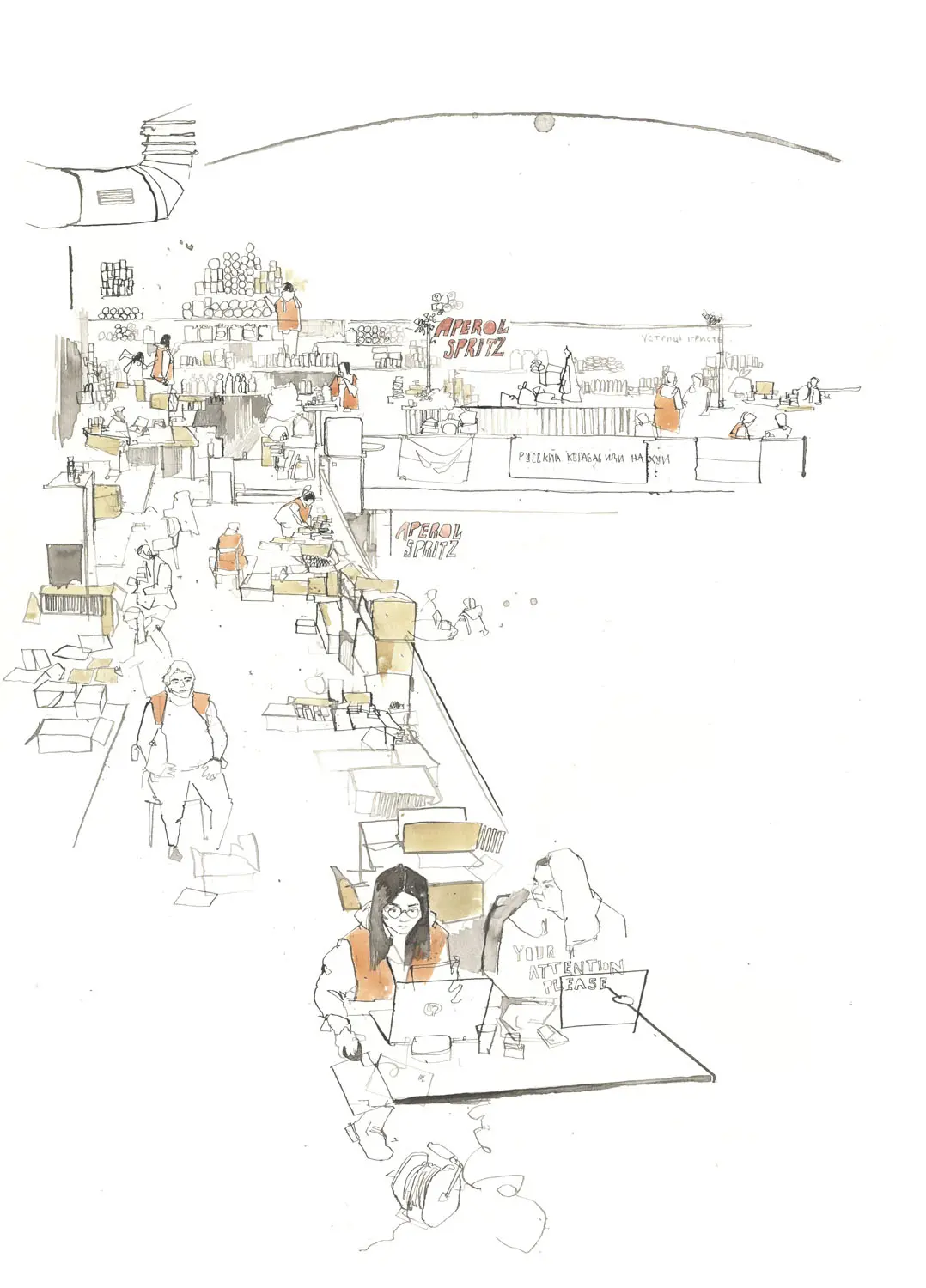 Illustration of workers in orange vests bustle in an area with shelves of unidentifiable goods. There are cardboard boxes stacked and opened, as well as papers strewn about tables. In the foreground, a veiled woman and a female worker sit at laptops. The veiled woman gives a pinched face look to her companion.